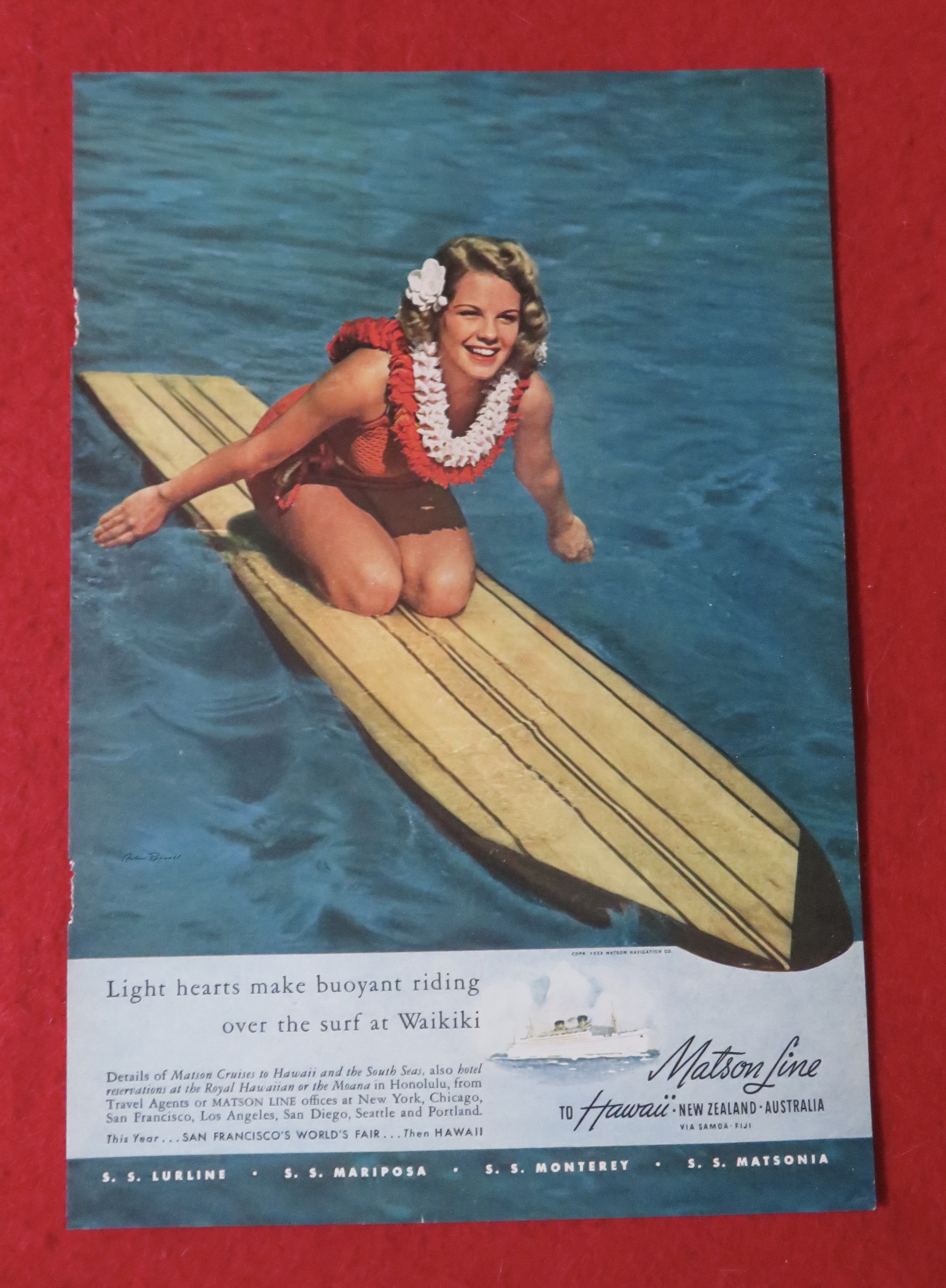 1939 Matson Line To Hawaii with Woman on a Surfboard