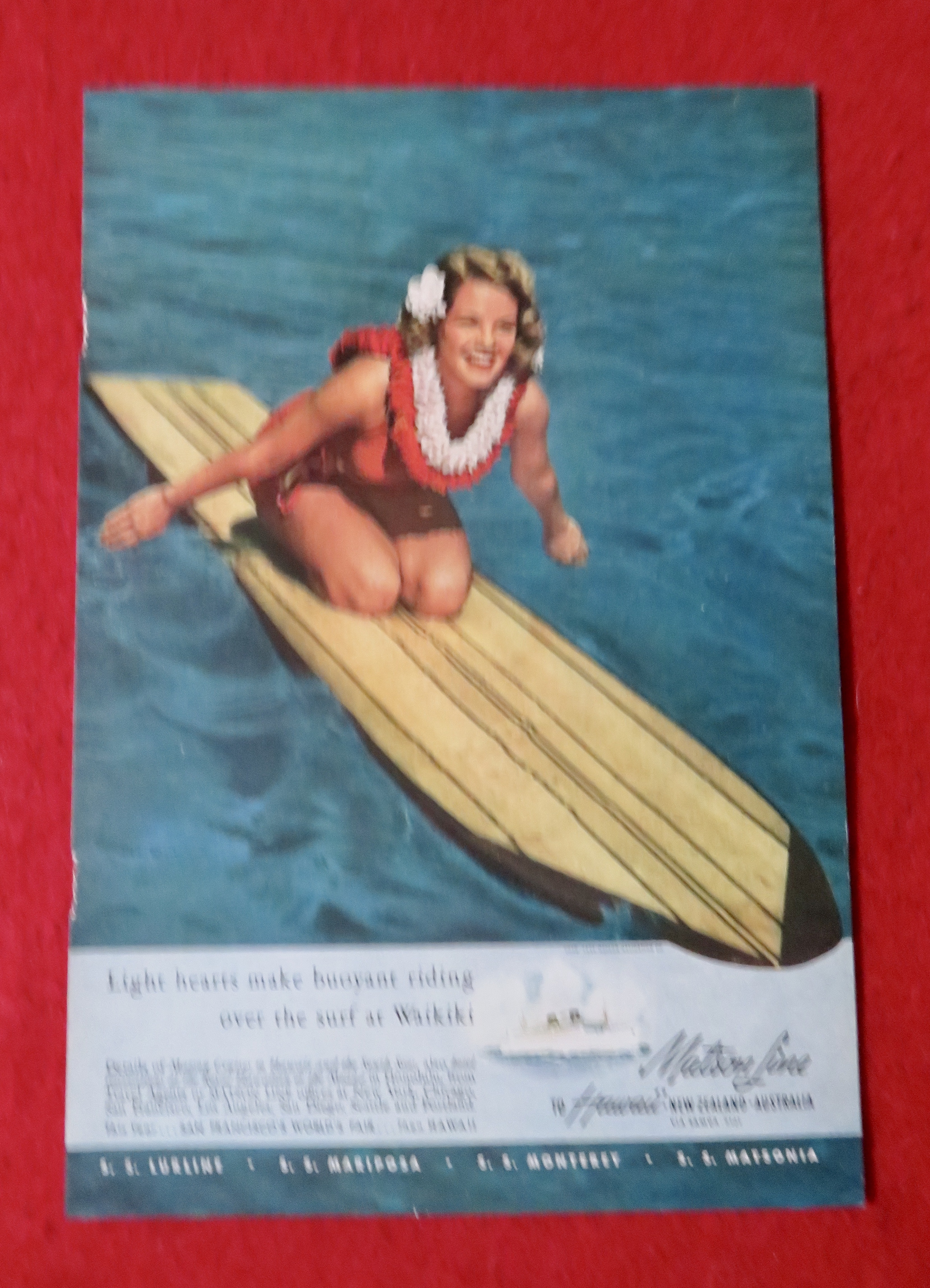 1939 Matson Line To Hawaii with Woman on a Surfboard