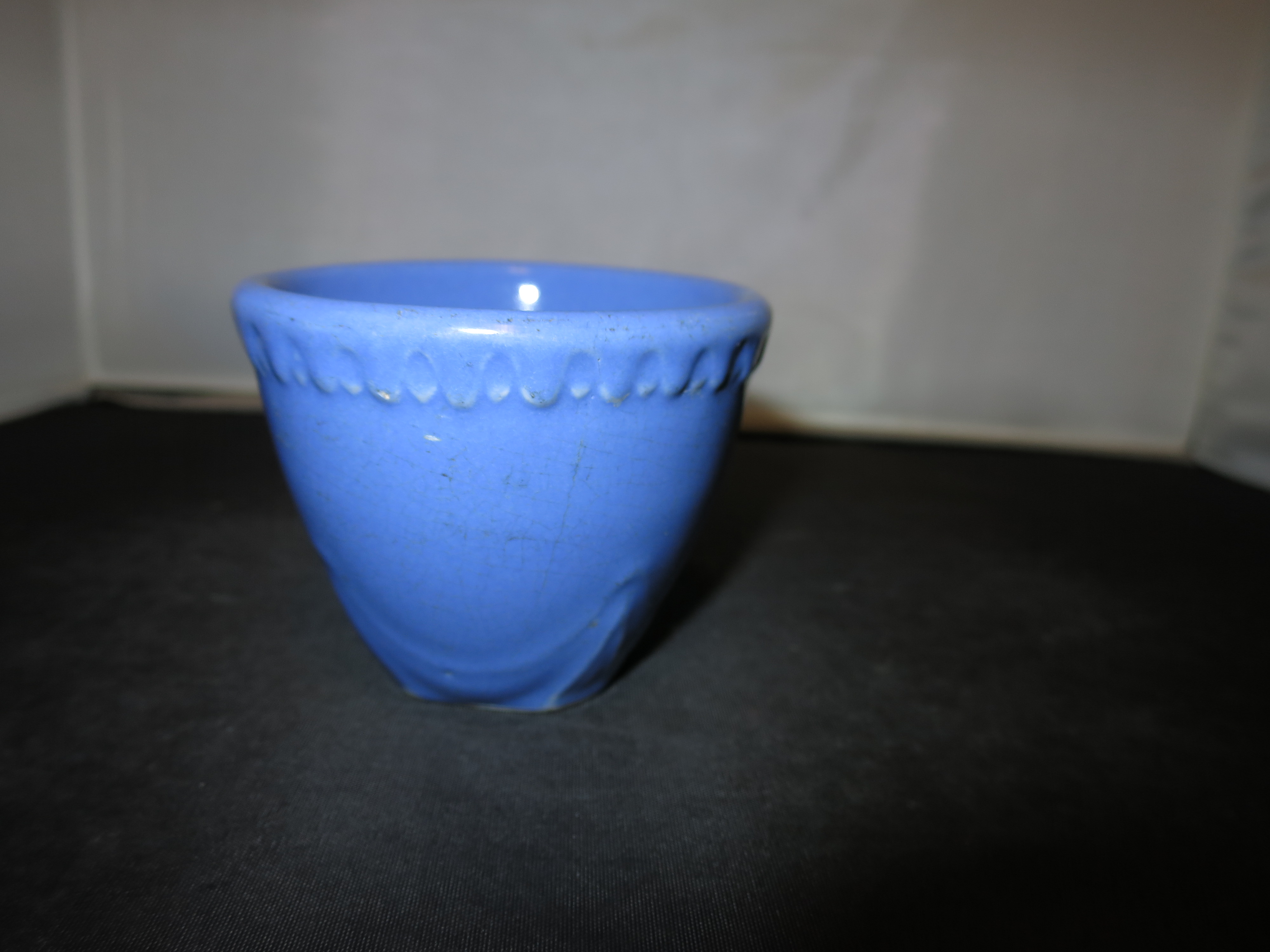 Antique Blue Stoneware Custard Cup ornate