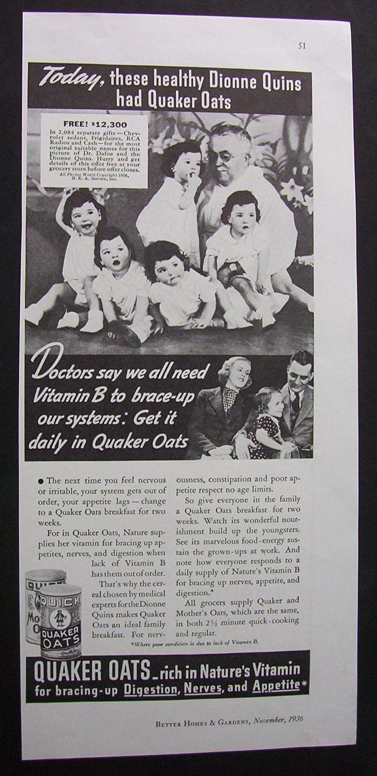 1936 Quick Quaker Oats With Dionne Quins & Dr Dafoe