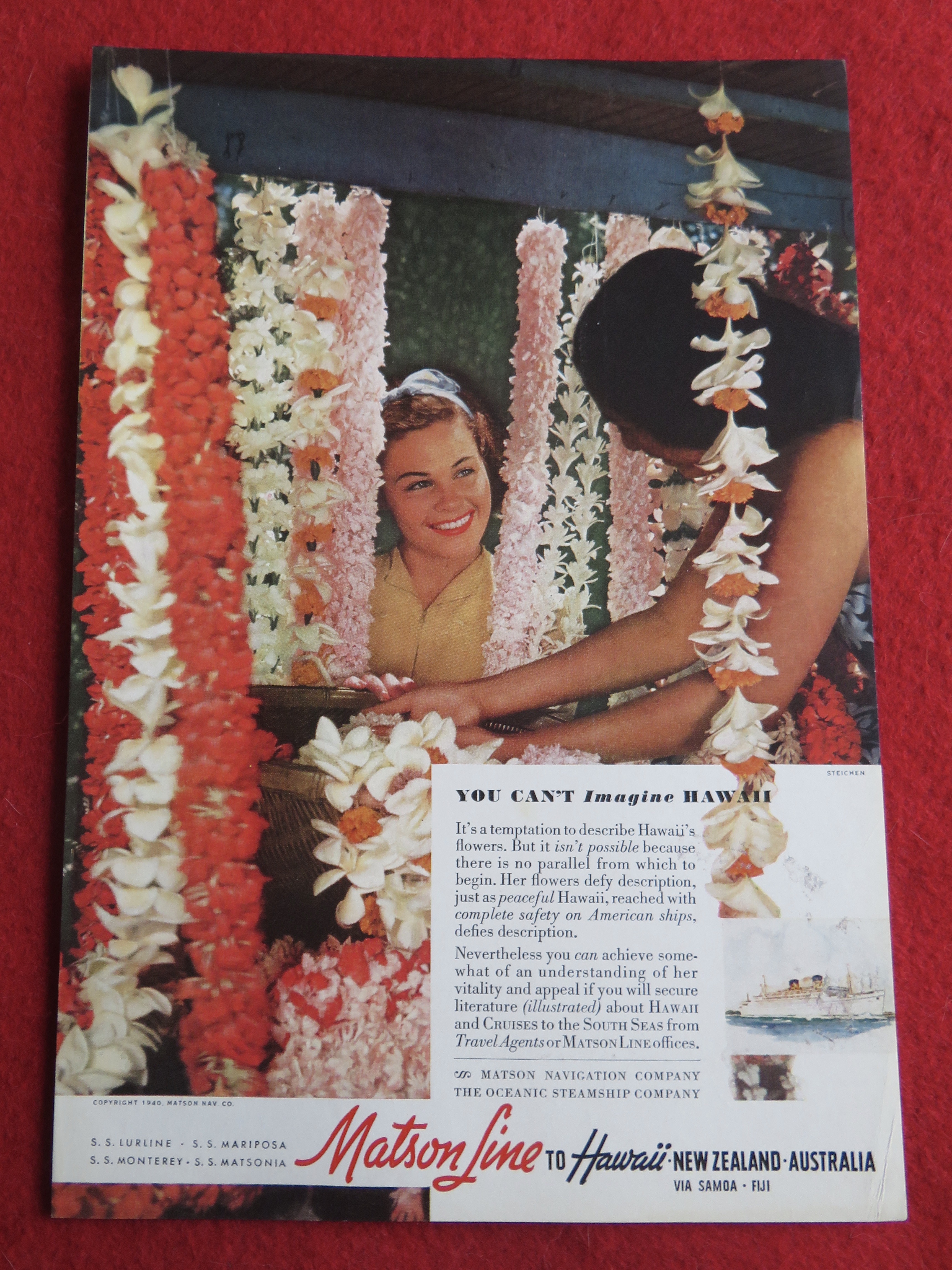 1940 Matson Line To Hawaii with Lovely Woman