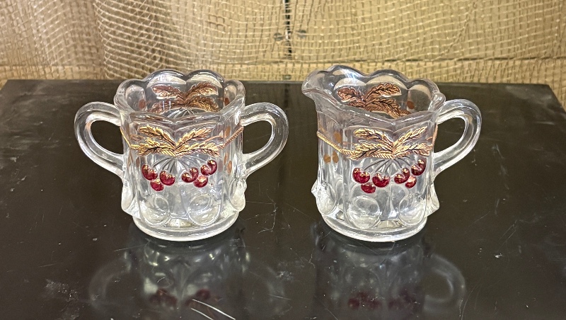 Westmoreland Pressed Clear Glass Creamer and Sugar Set with Gold & Red Cherry Motif