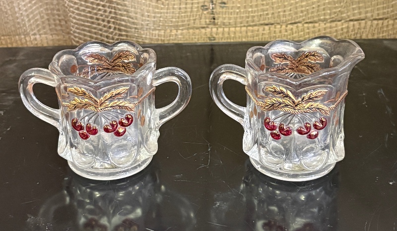 Westmoreland Pressed Clear Glass Creamer and Sugar Set with Gold & Red Cherry Motif