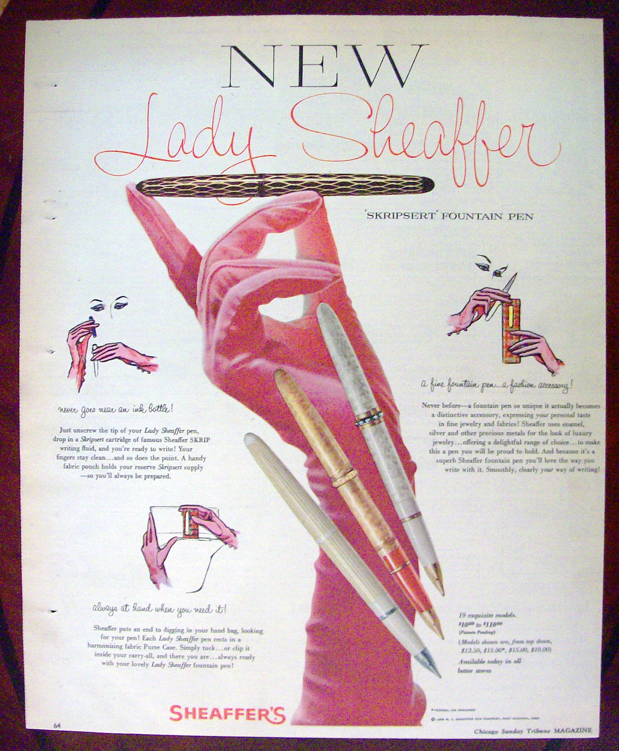 1958 Lady Sheaffer Pens with Woman's Hand Holding Pen