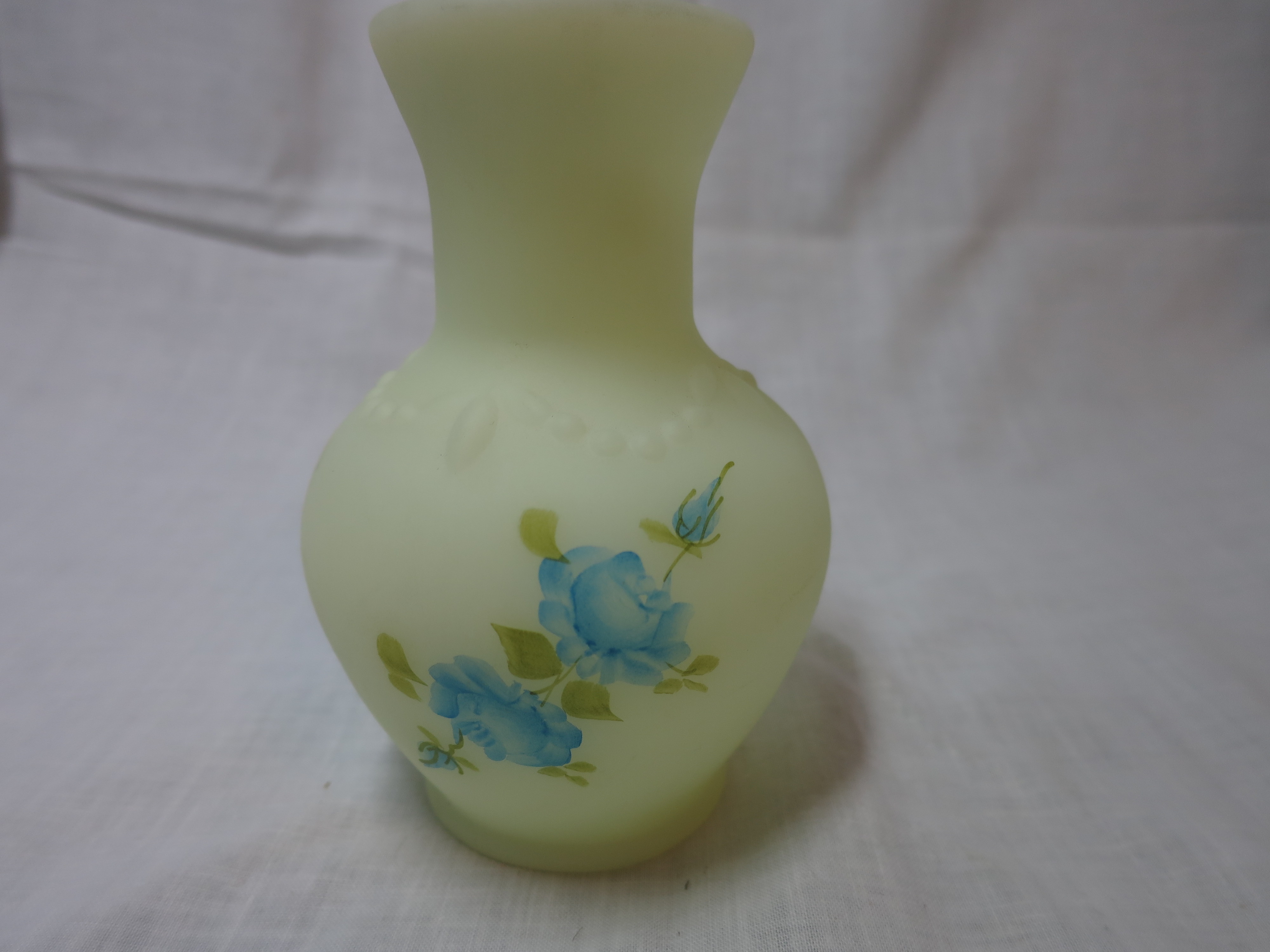 Fenton Art Glass Green Satin Custard Vase signed Cathy