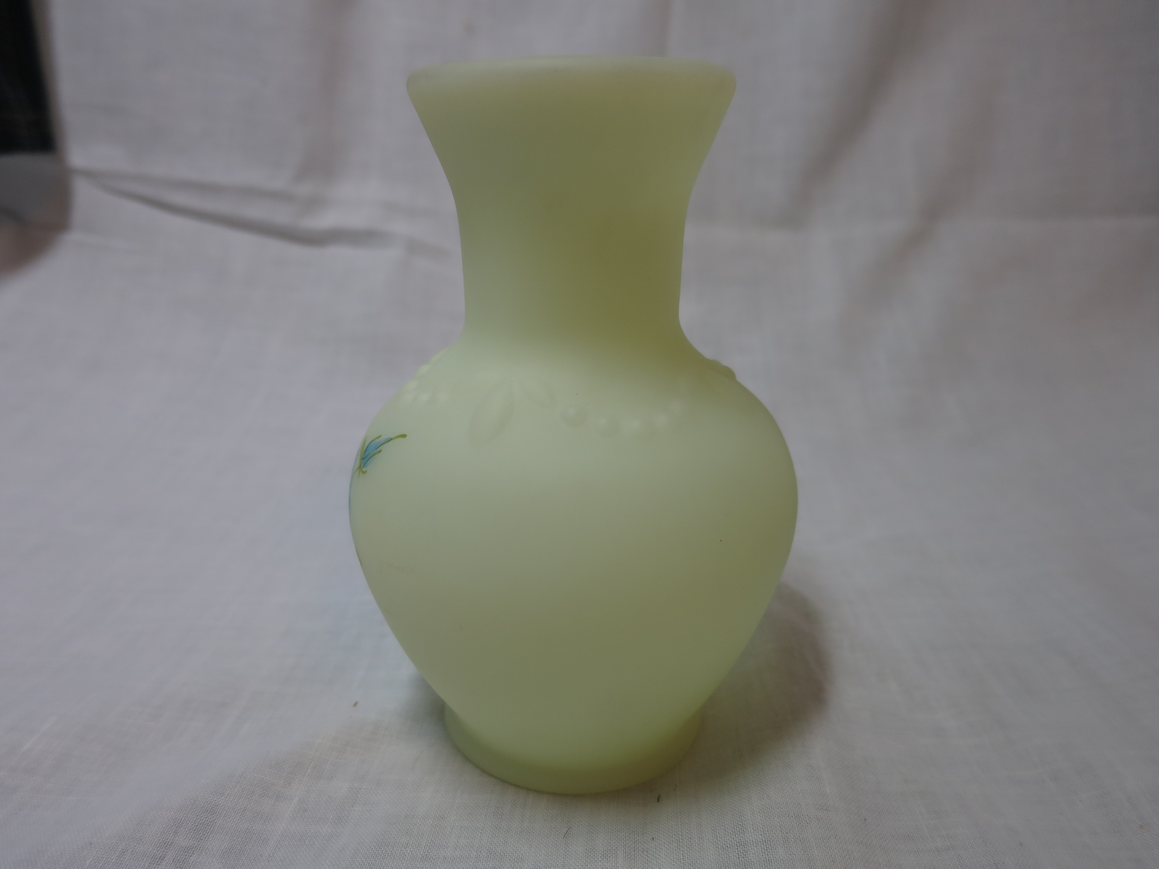 Fenton Art Glass Green Satin Custard Vase signed Cathy