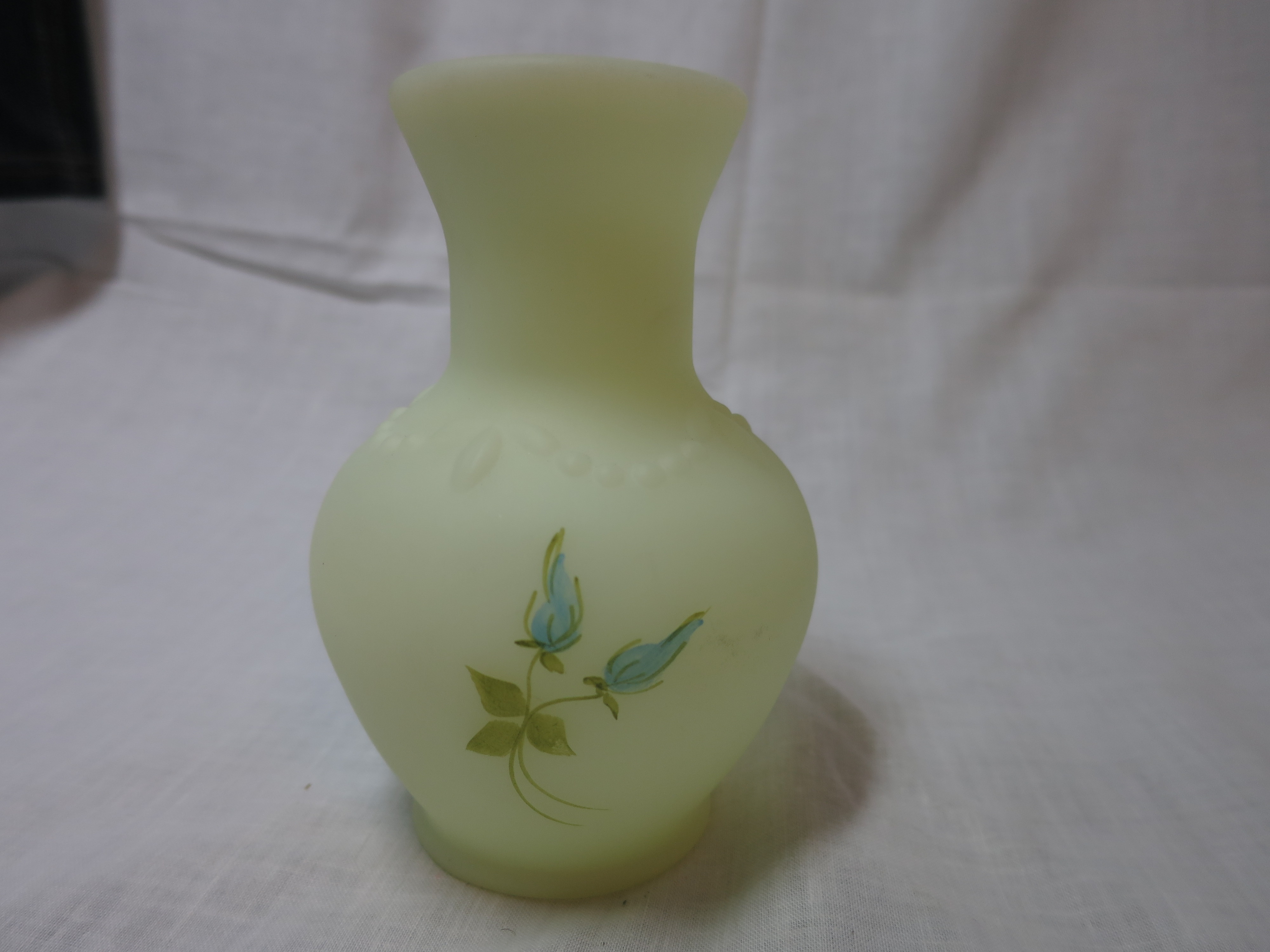 Fenton Art Glass Green Satin Custard Vase signed Cathy