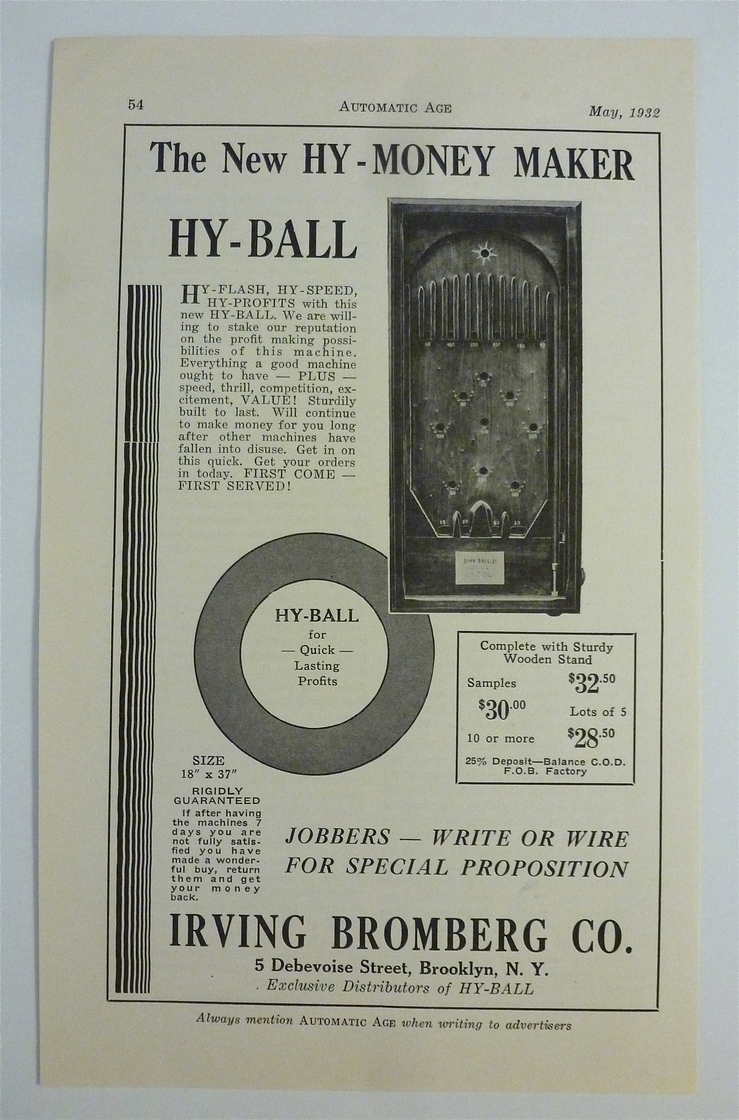 1932 Irving Bromberg Co. w/ Hy-Money Maker Hy Ball Game