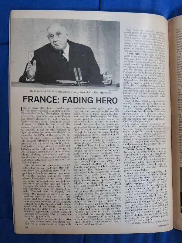Newsweek Magazine August 28, 1967 France's Fading Hero Charles De Gaulle