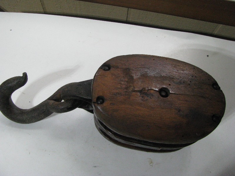 Antique Wooden Double Pulley Block and Tackle with Forged Iron Hook