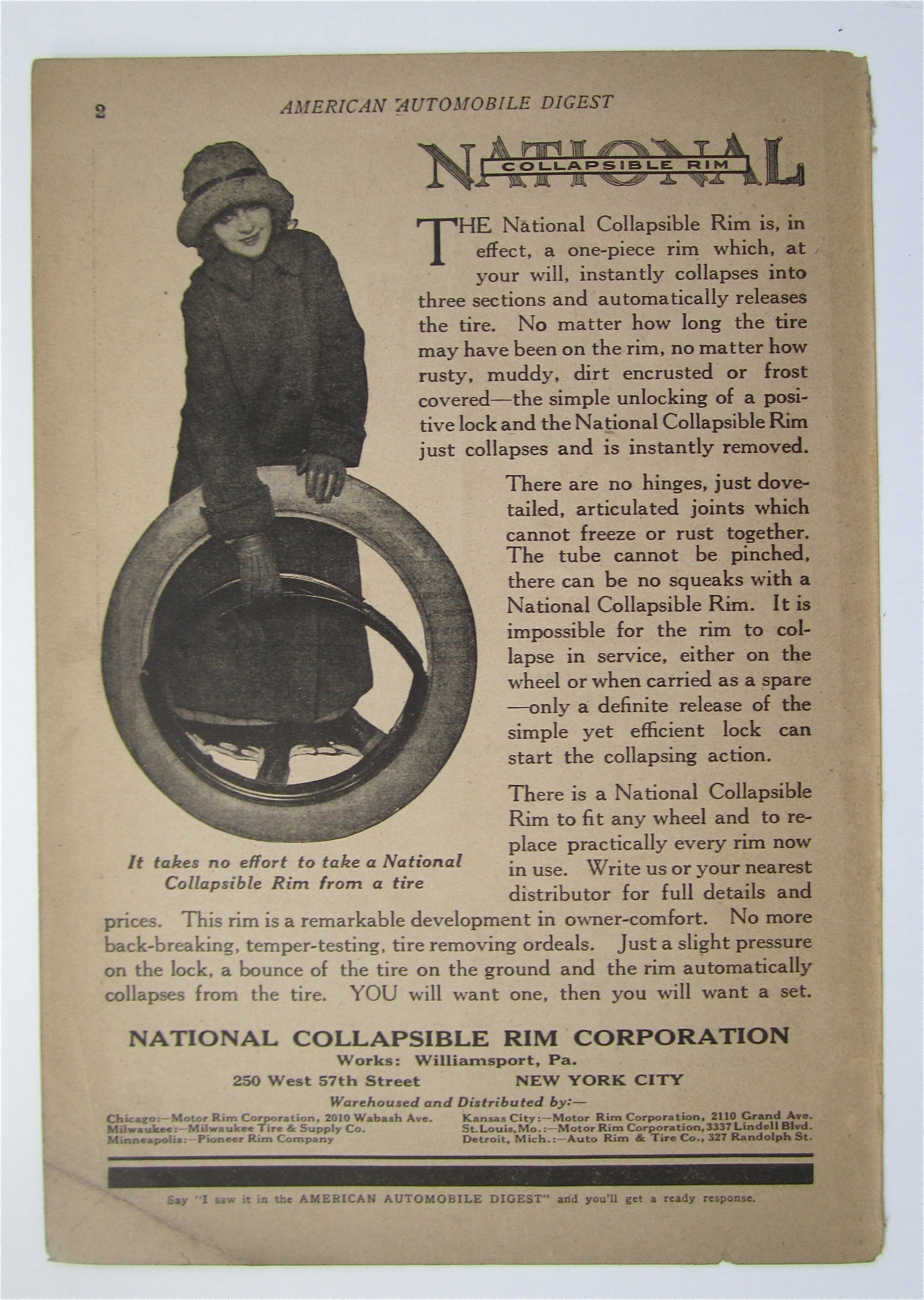 1923 National Collapsible Rim w Woman Holding Rim