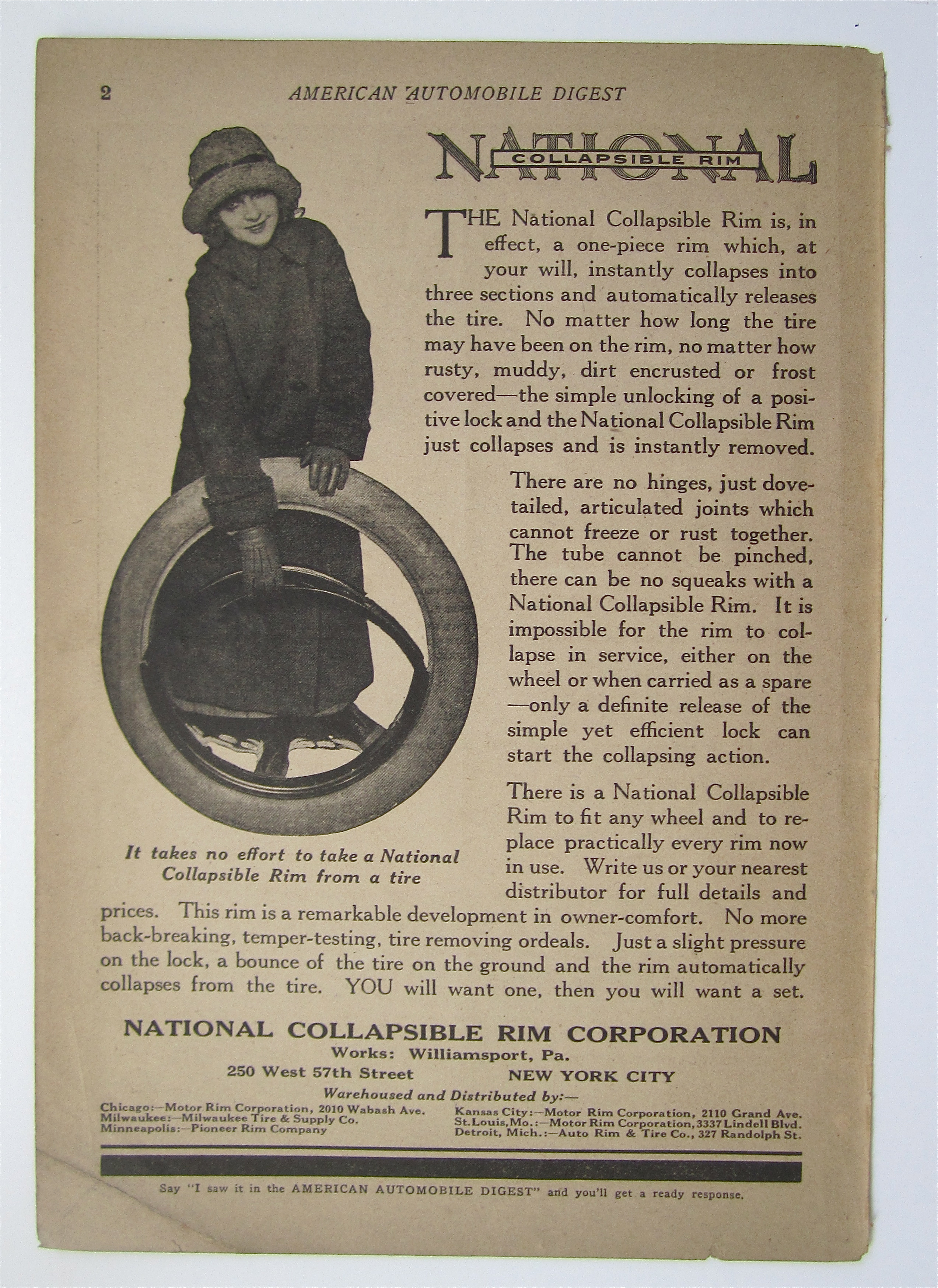 1923 National Collapsible Rim w Woman Holding Rim