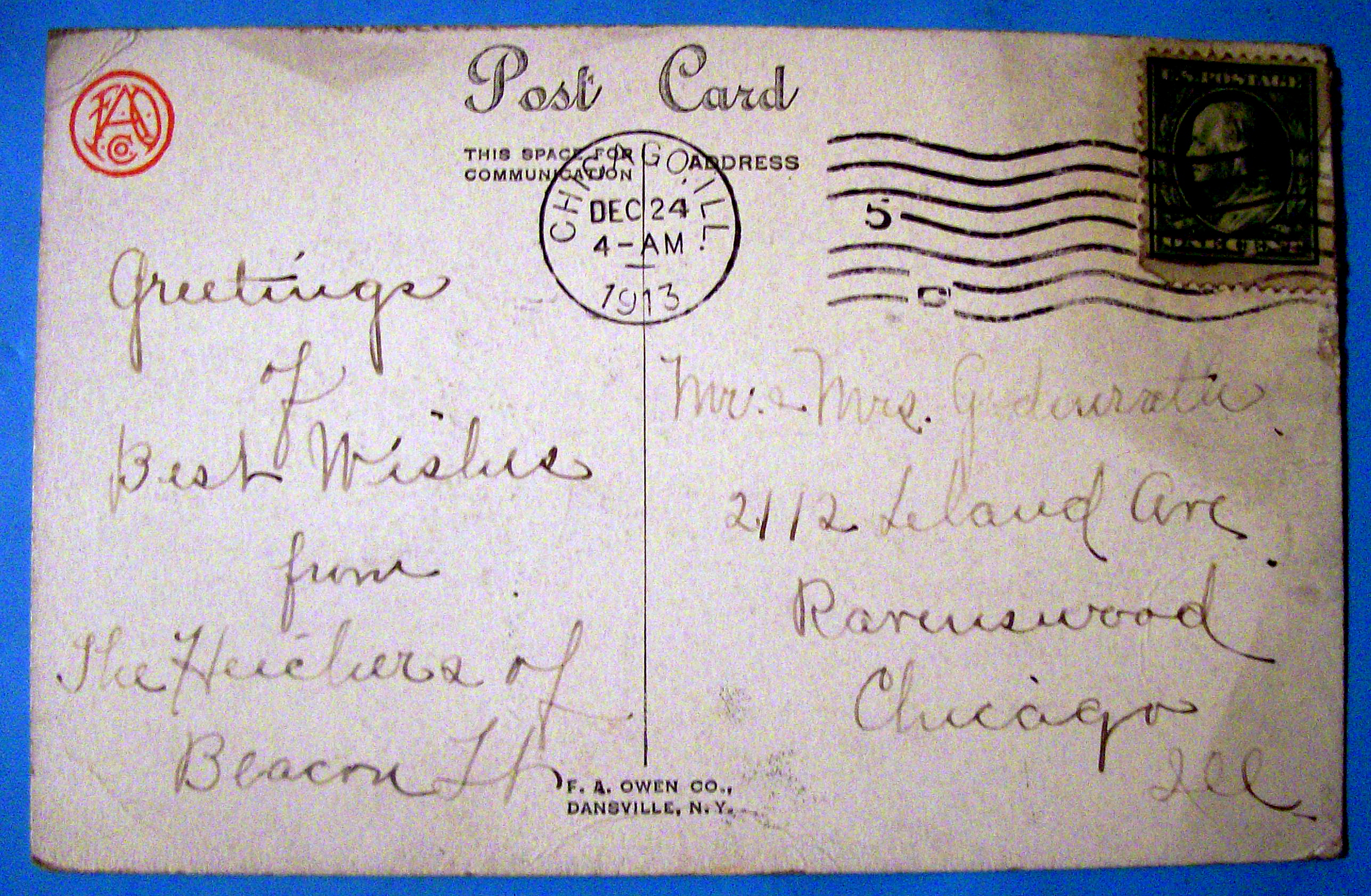 Christmas Day Postcard with Wreath Inside Window