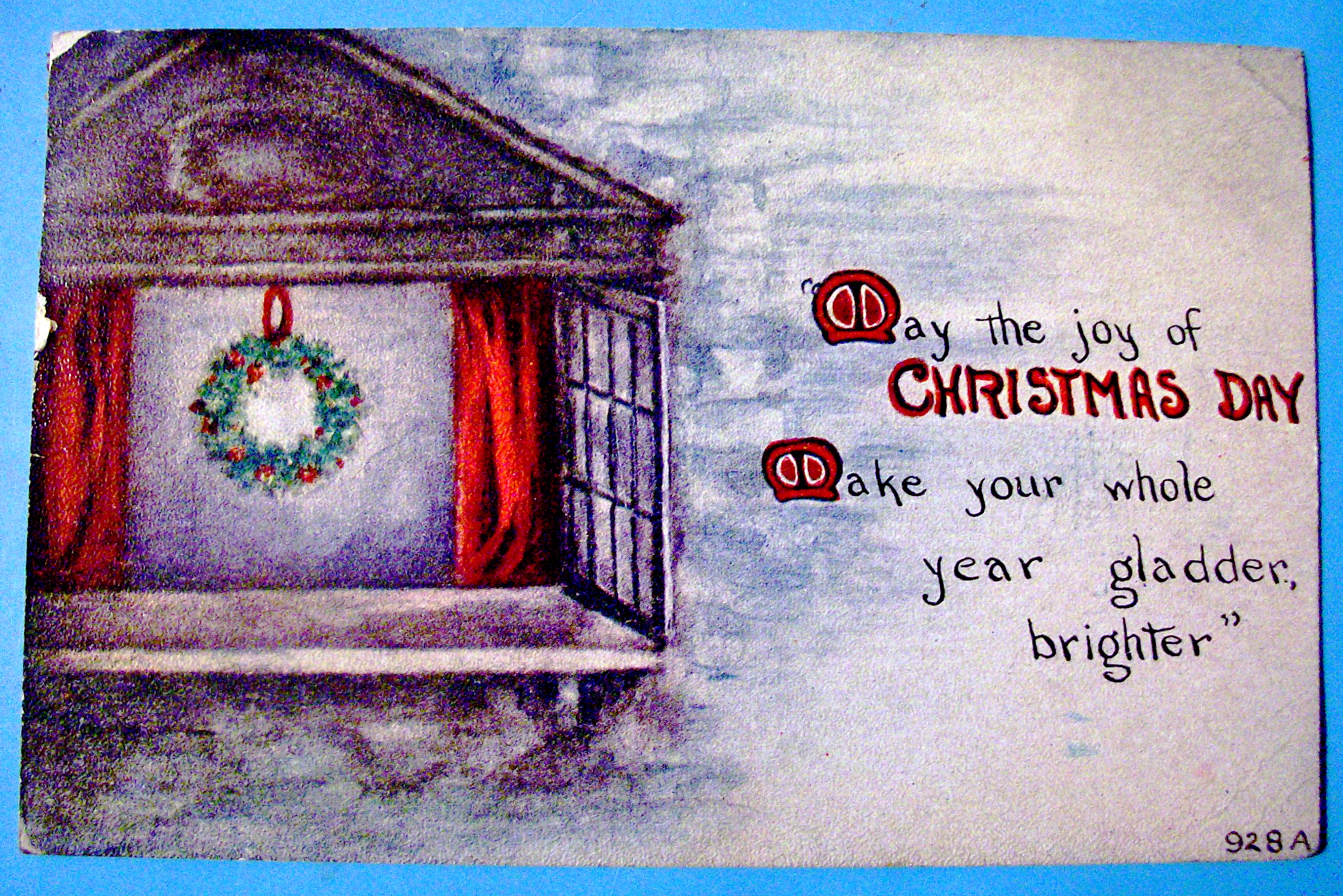 Christmas Day Postcard with Wreath Inside Window