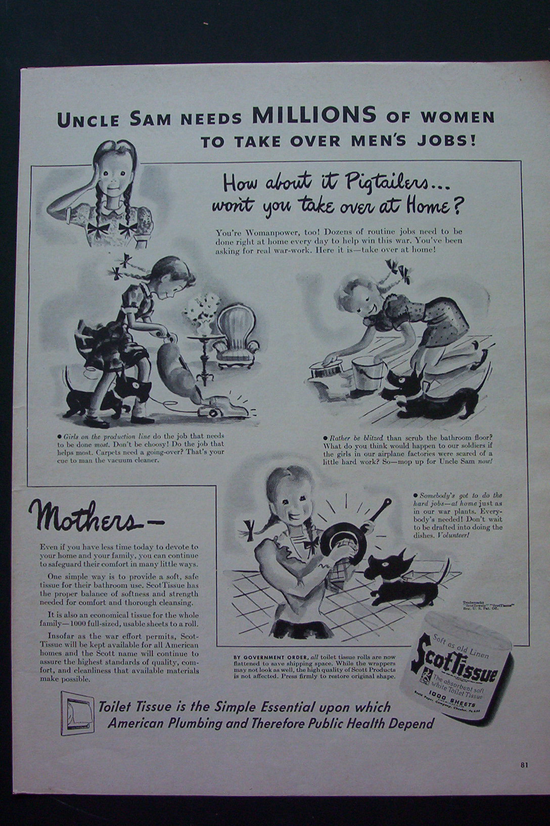 1943 Scottissue Toilet Paper with Girl Vacuuming