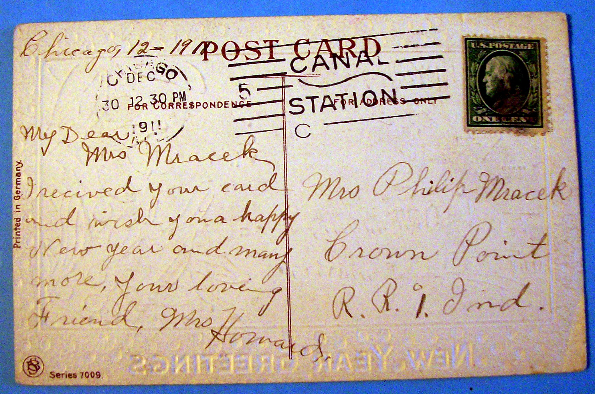New Year Greetings Postcard with Town Covered in Snow