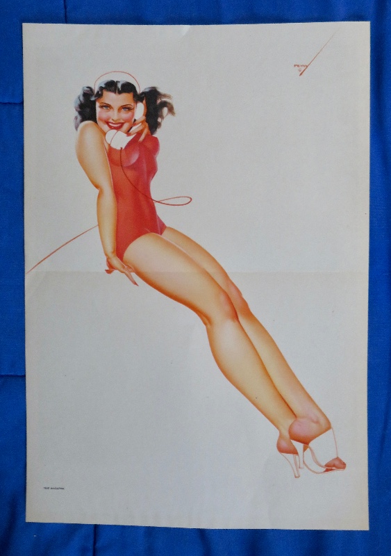 Original 1945 Sexy Pin Up Lovely Dark Haired Girl Wearing A Red Suit While Talking On Telephone By George Petty