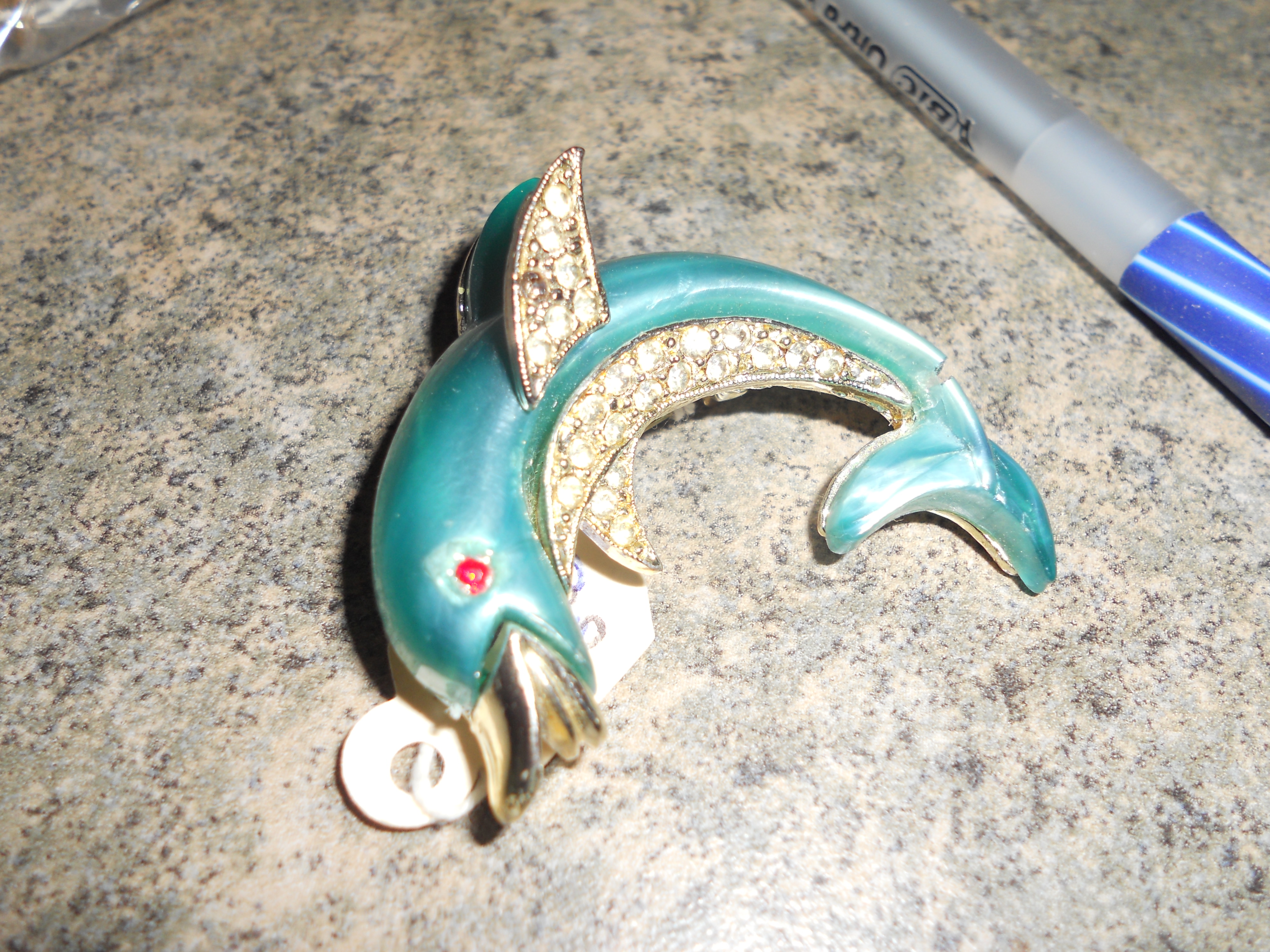 Dolphin Pin Clear and Red Rhinestones Silver