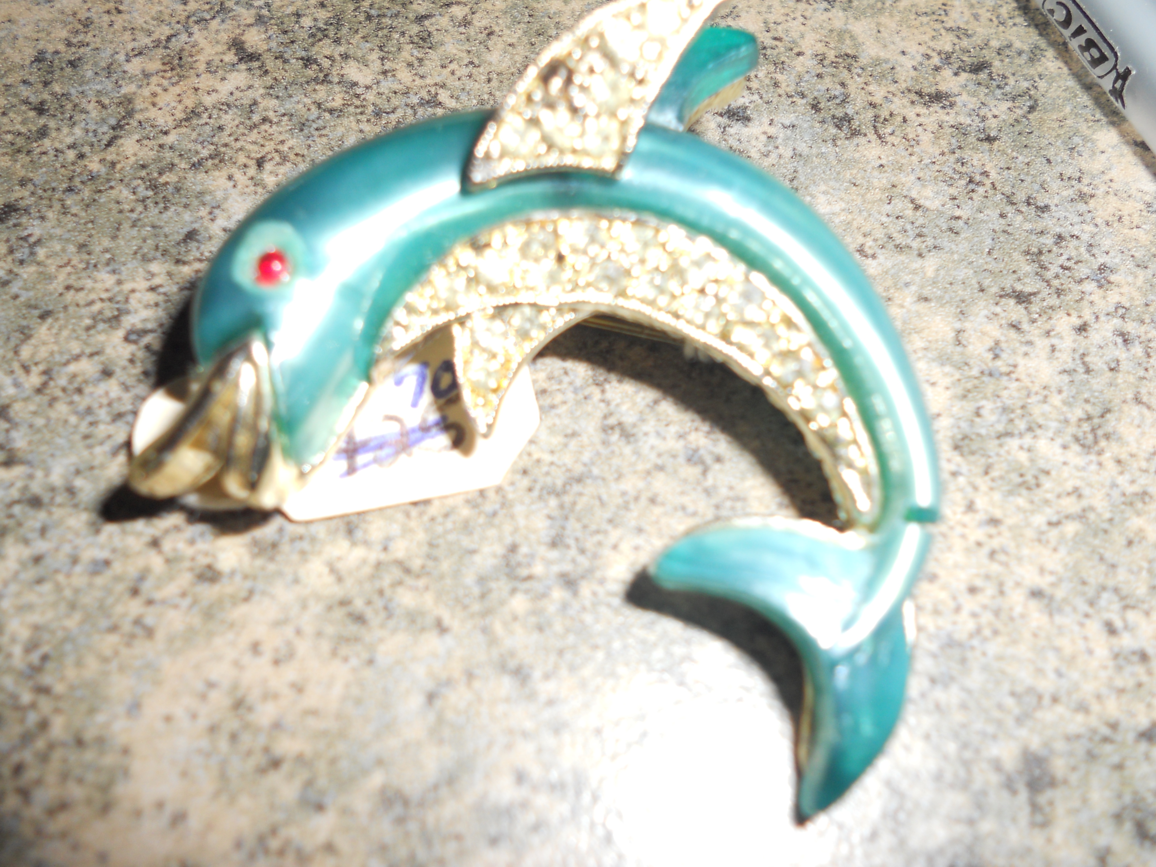 Dolphin Pin Clear and Red Rhinestones Silver