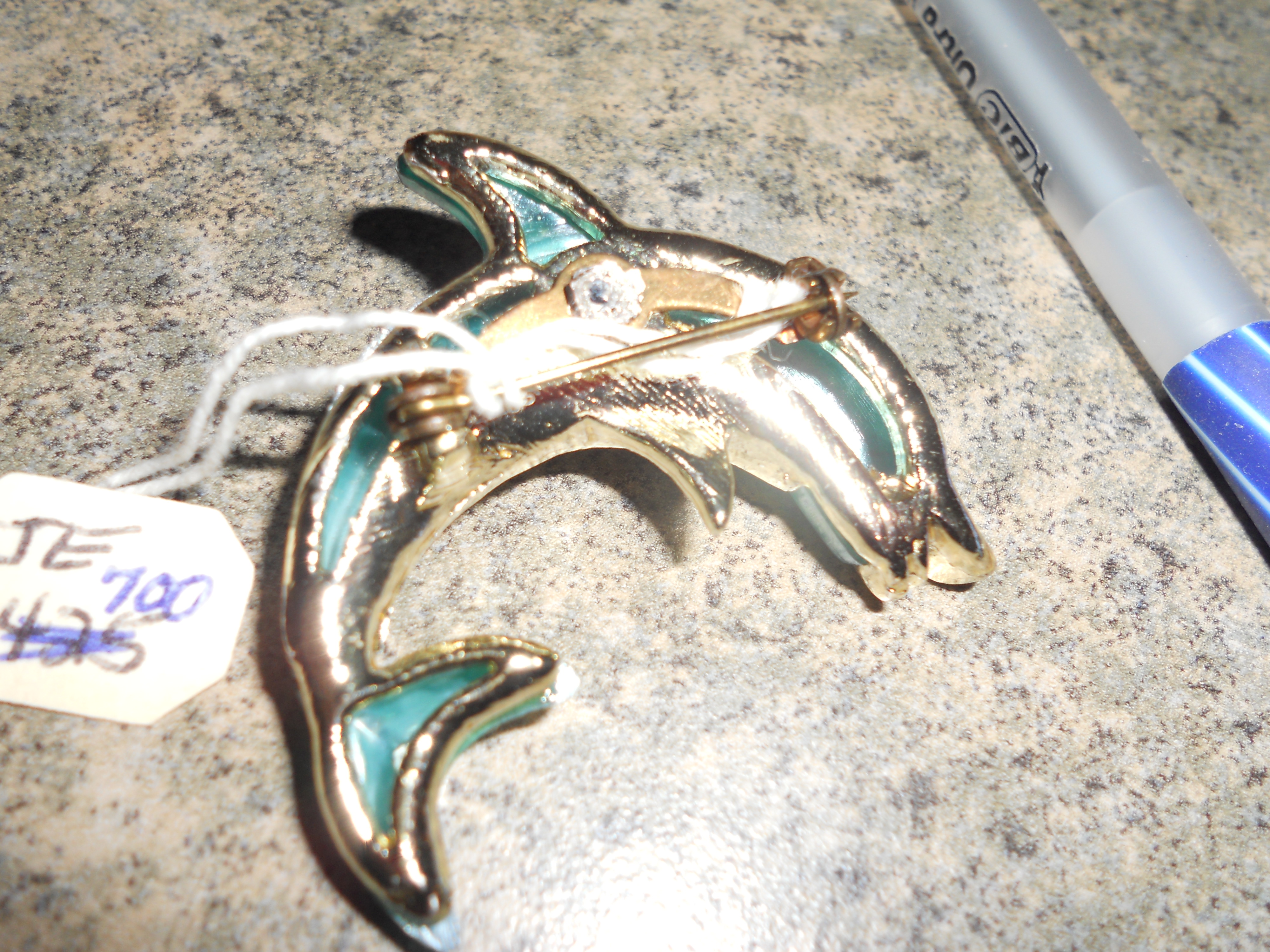 Dolphin Pin Clear and Red Rhinestones Silver