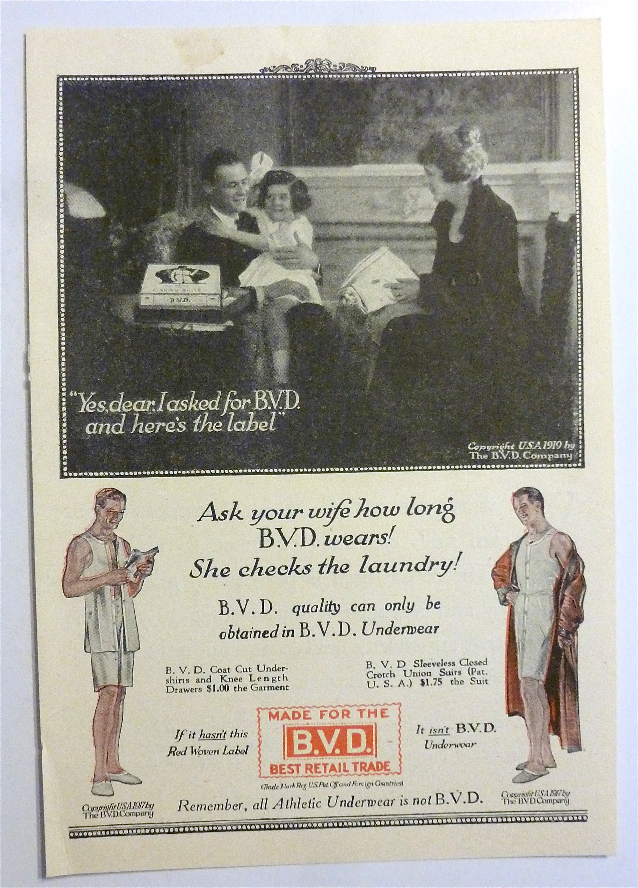 1919 B. V. D. Underwear with Family Sitting & Talking