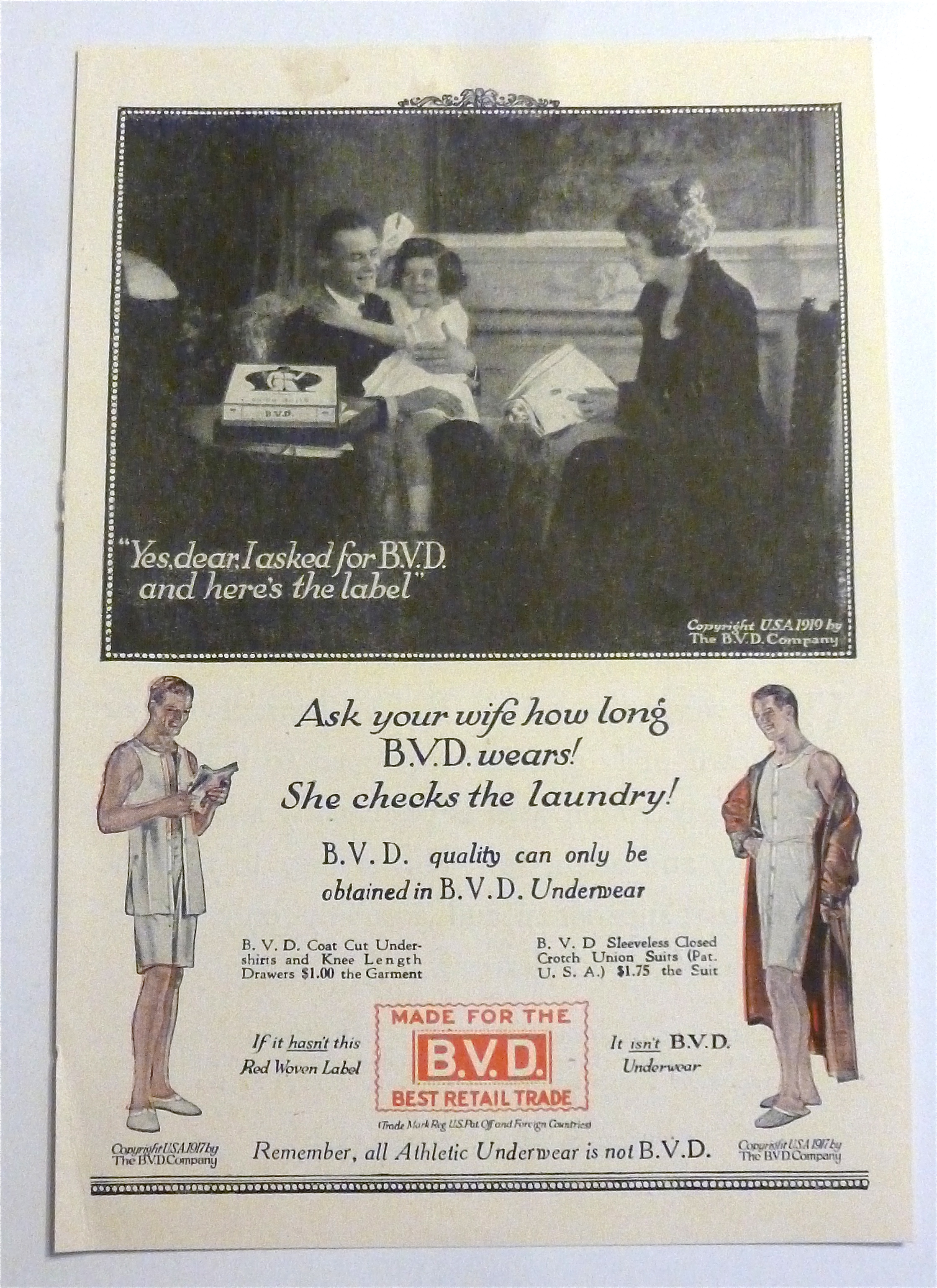 1919 B. V. D. Underwear with Family Sitting & Talking