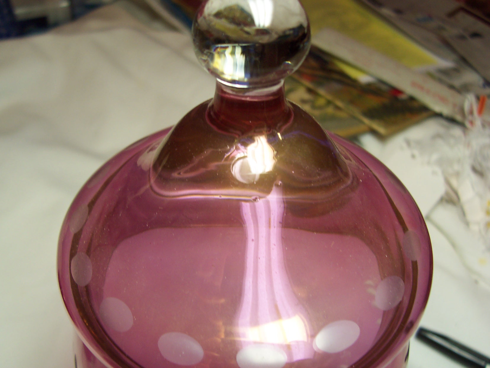 Etched Cranberry Flashed Glass Candy Dish