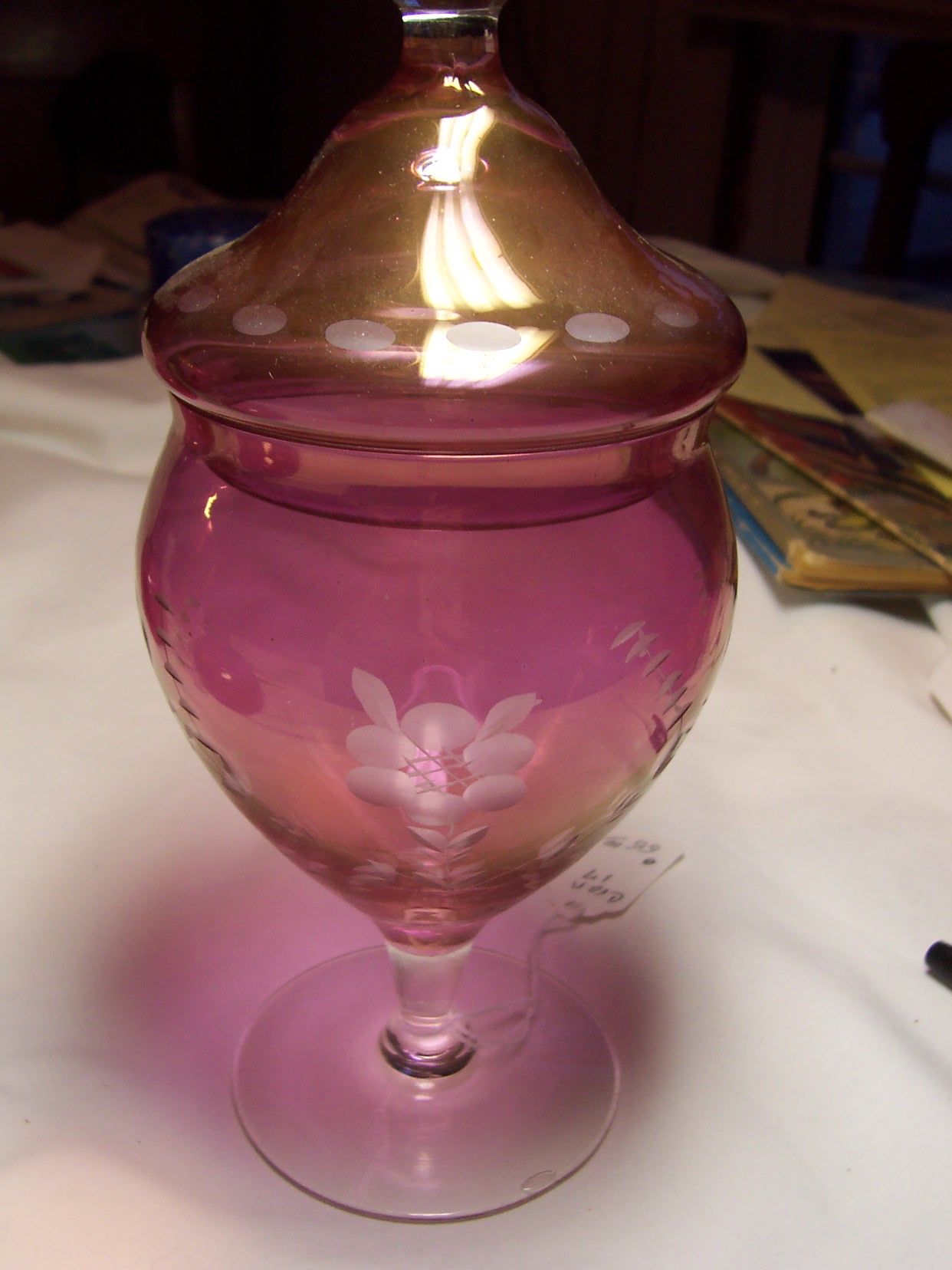 Etched Cranberry Flashed Glass Candy Dish
