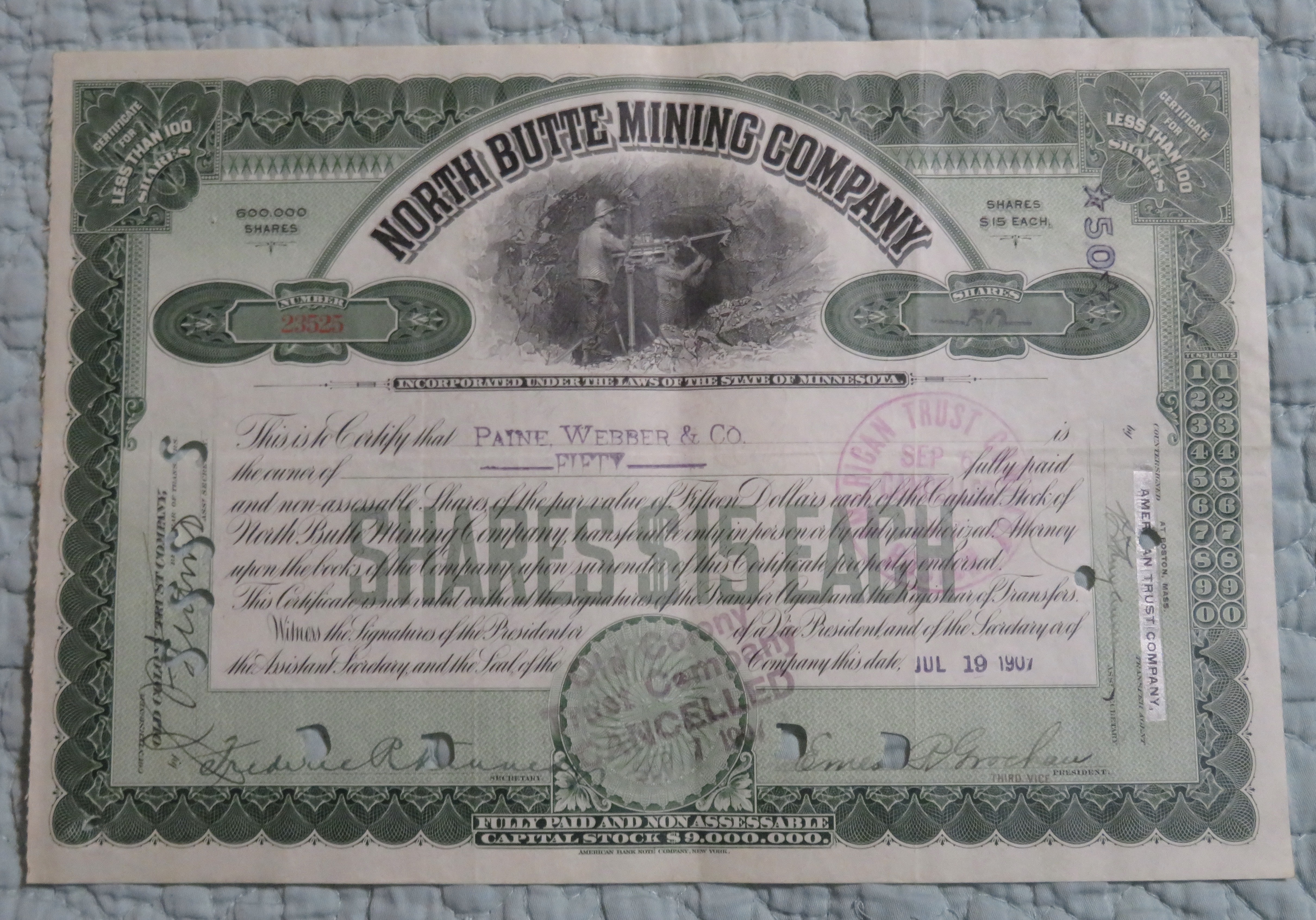 1907 North Butte Mining Company Stock Certificate