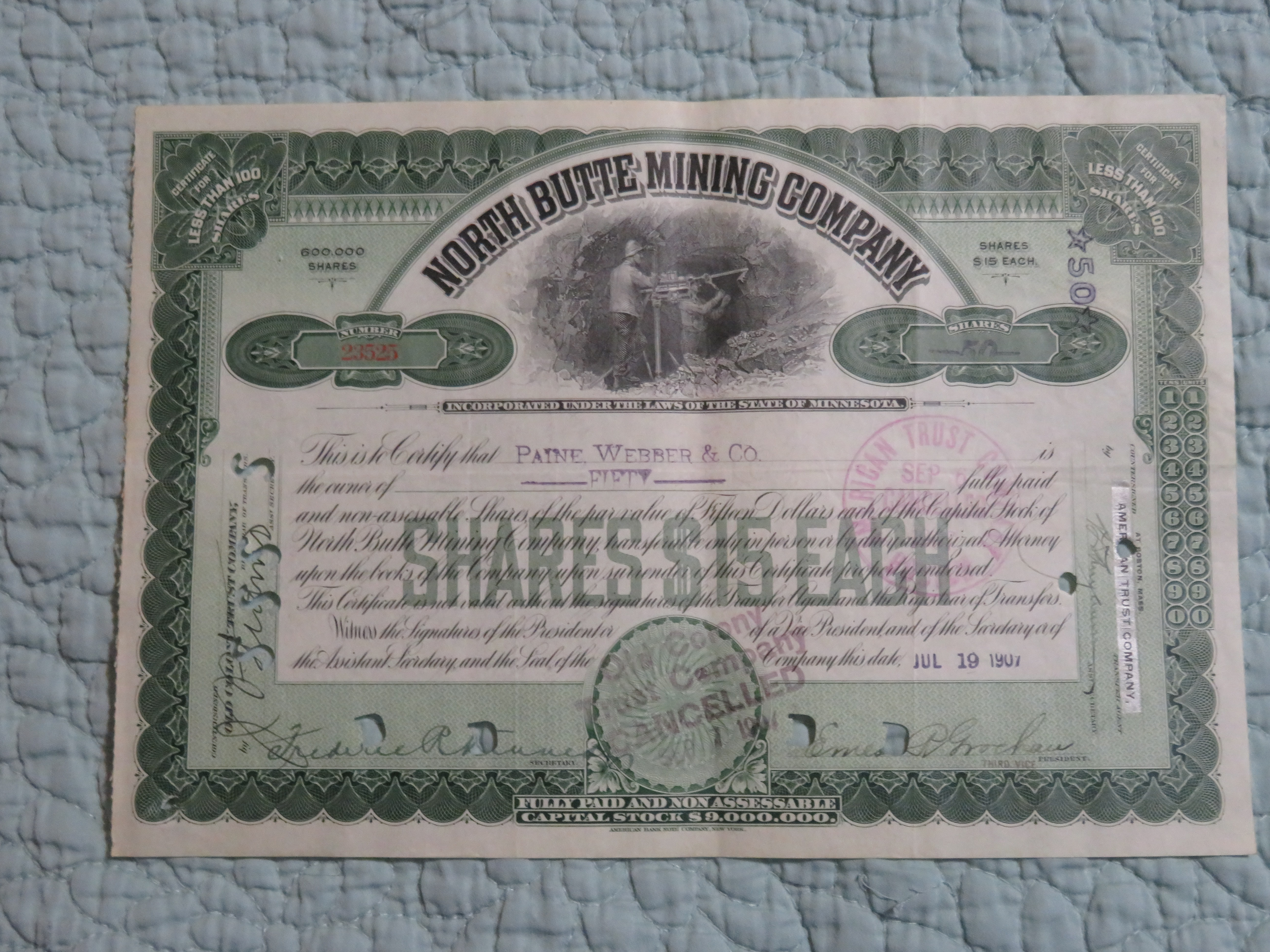 1907 North Butte Mining Company Stock Certificate