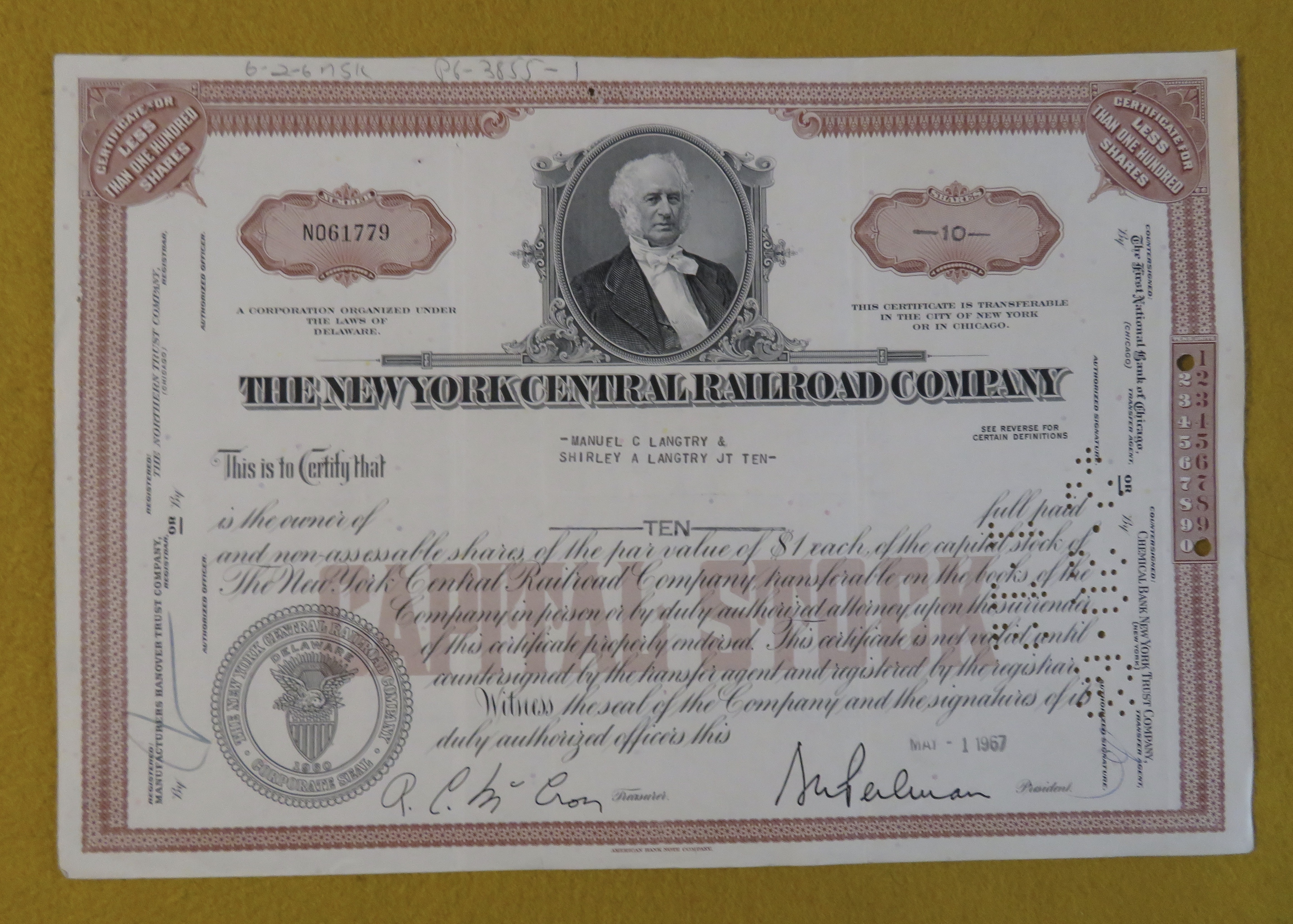 1967 New York Central Railroad Co Stock Certificate