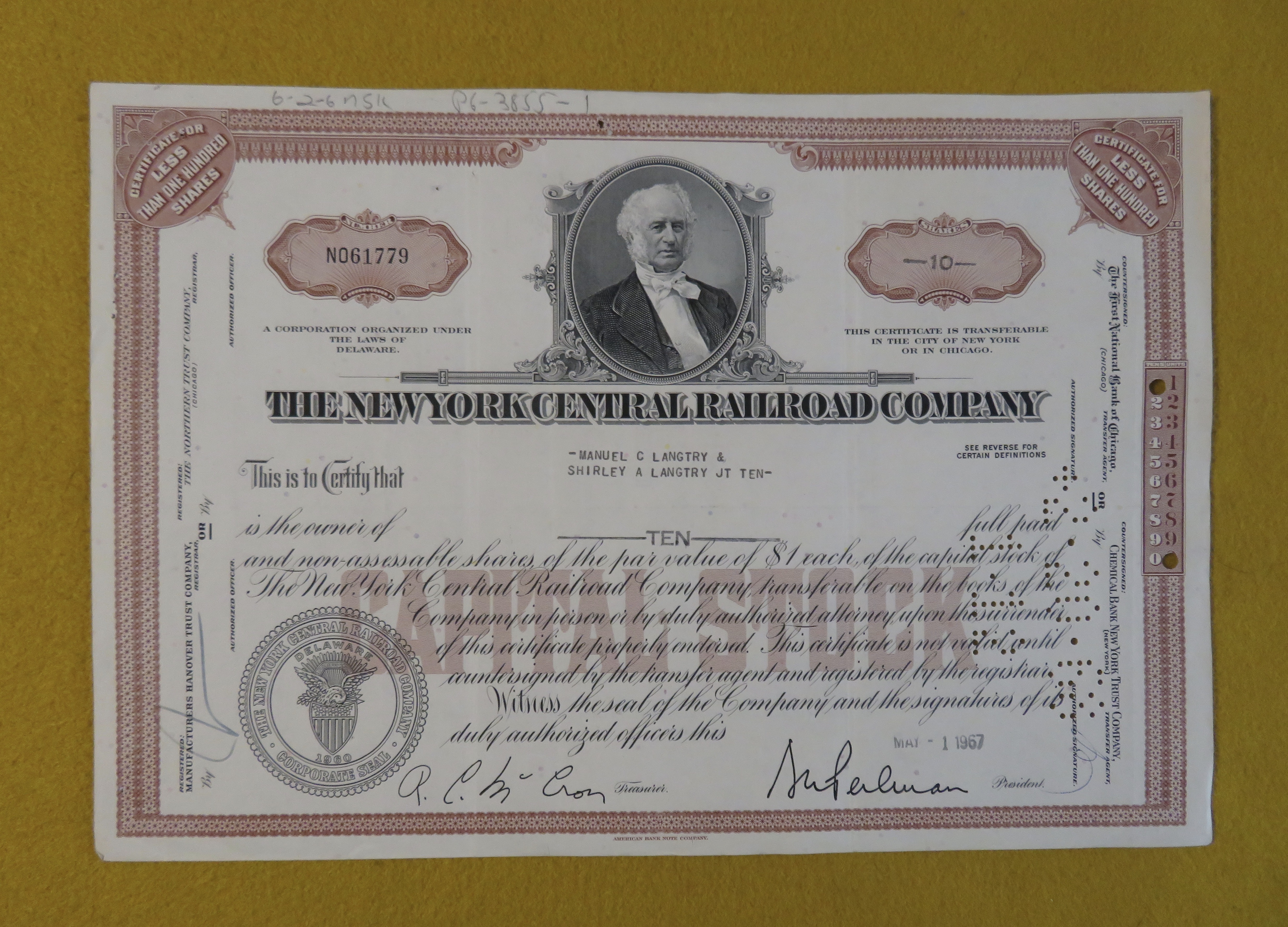 1967 New York Central Railroad Co Stock Certificate