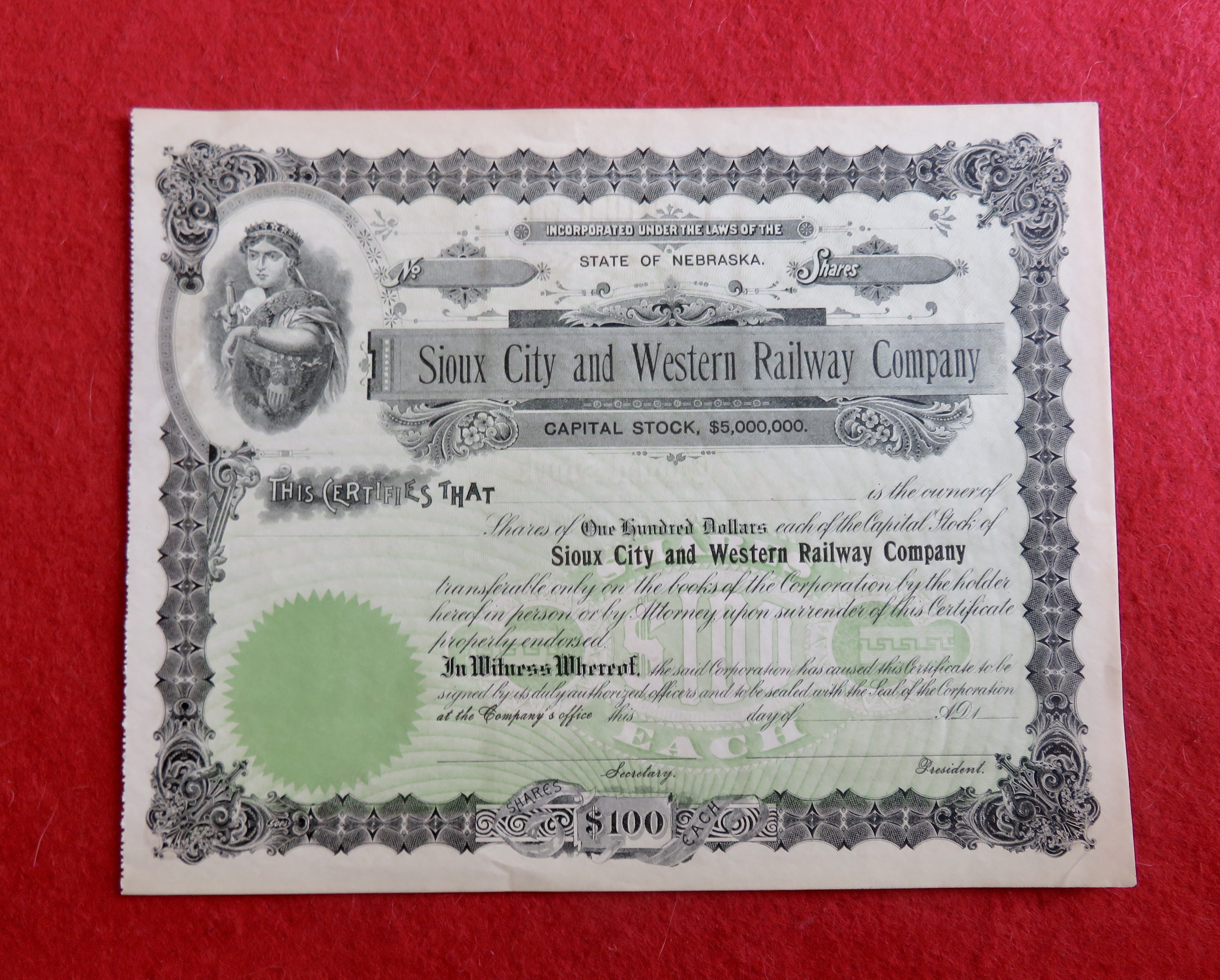 1800's Sioux City & Western Railway Stock Certificate