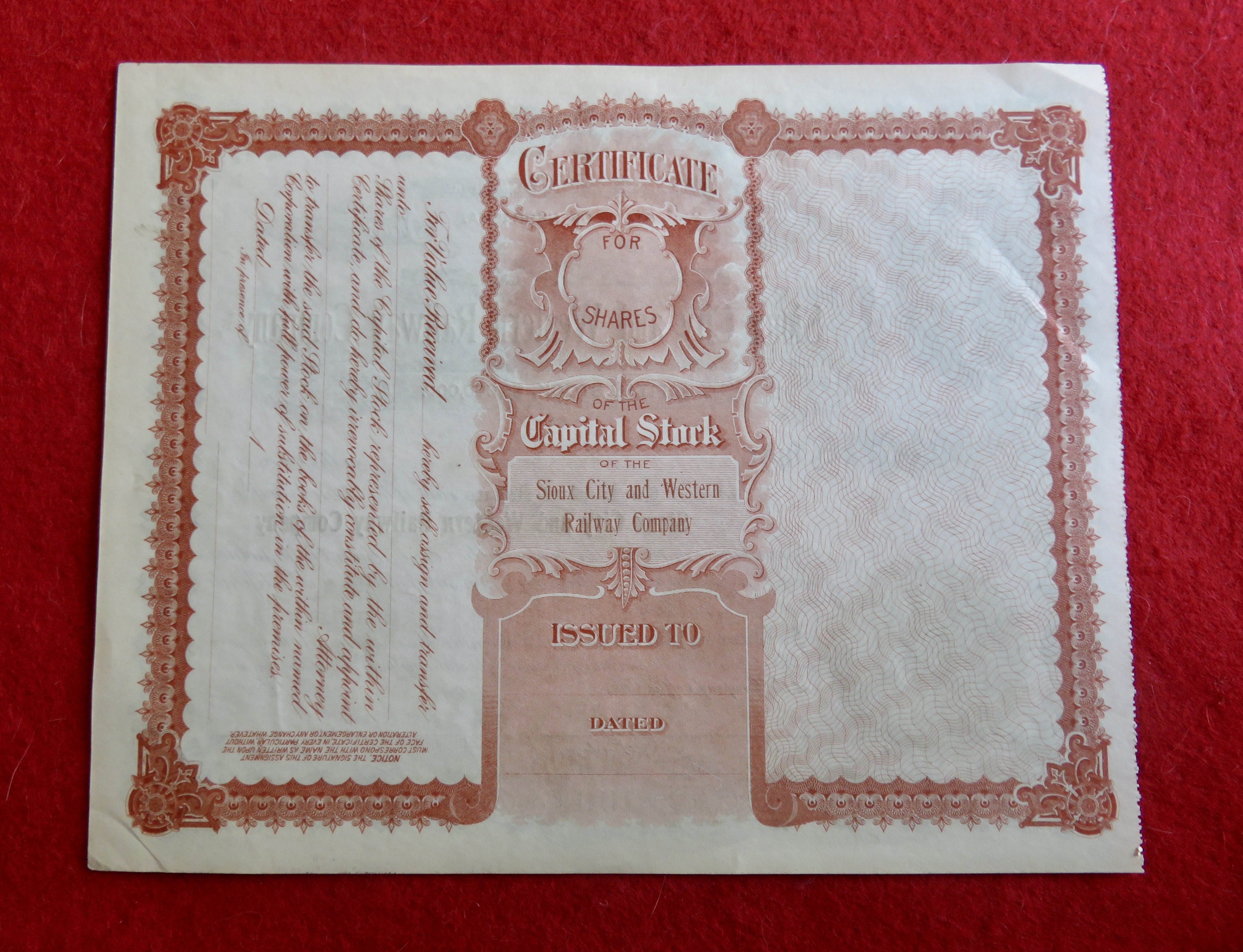 1800's Sioux City & Western Railway Stock Certificate