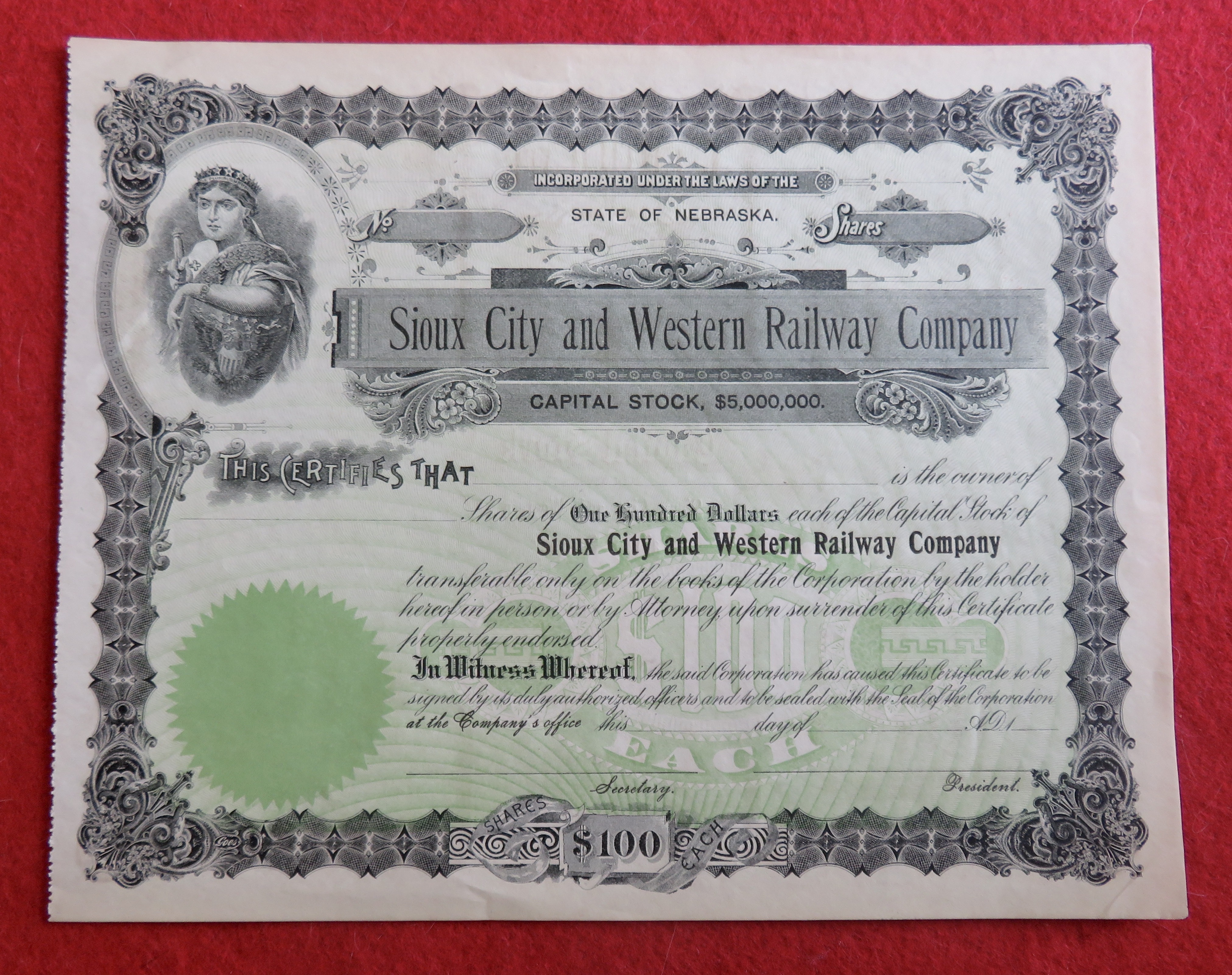 1800's Sioux City & Western Railway Stock Certificate
