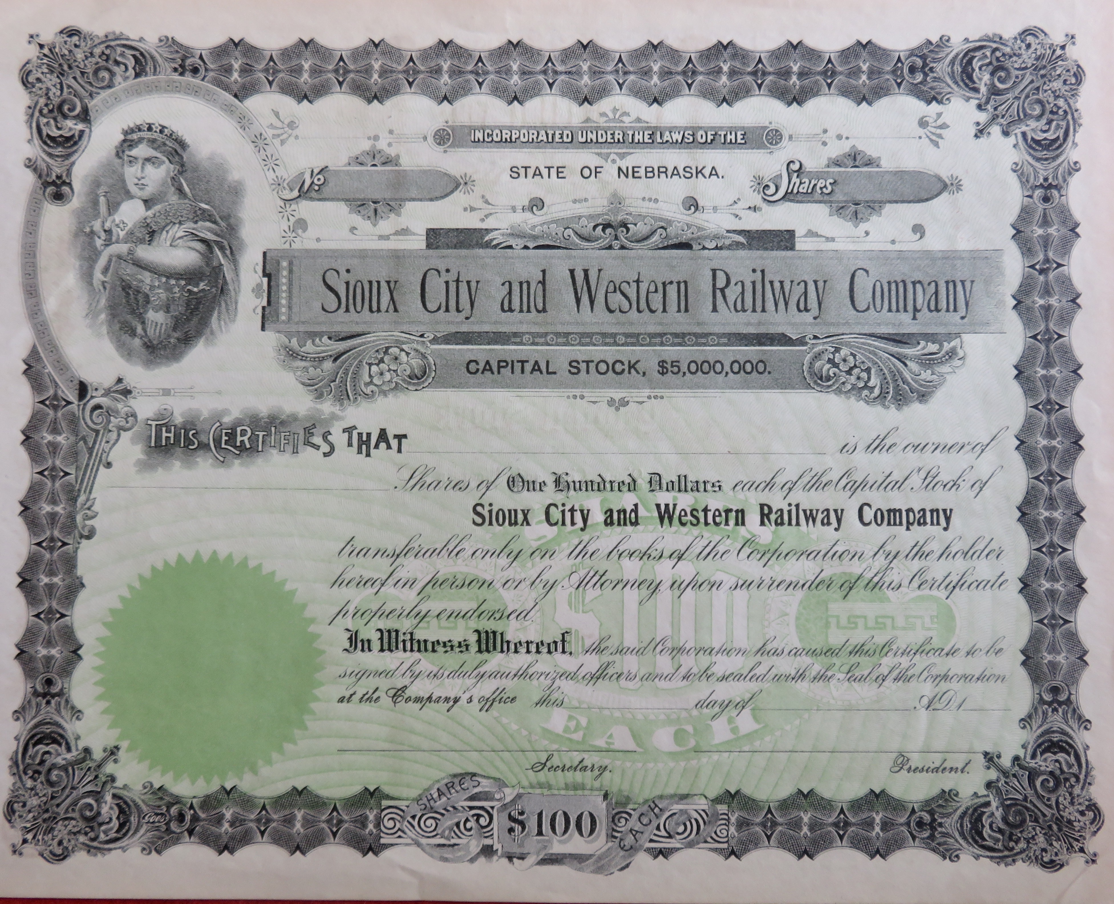 1800's Sioux City & Western Railway Stock Certificate