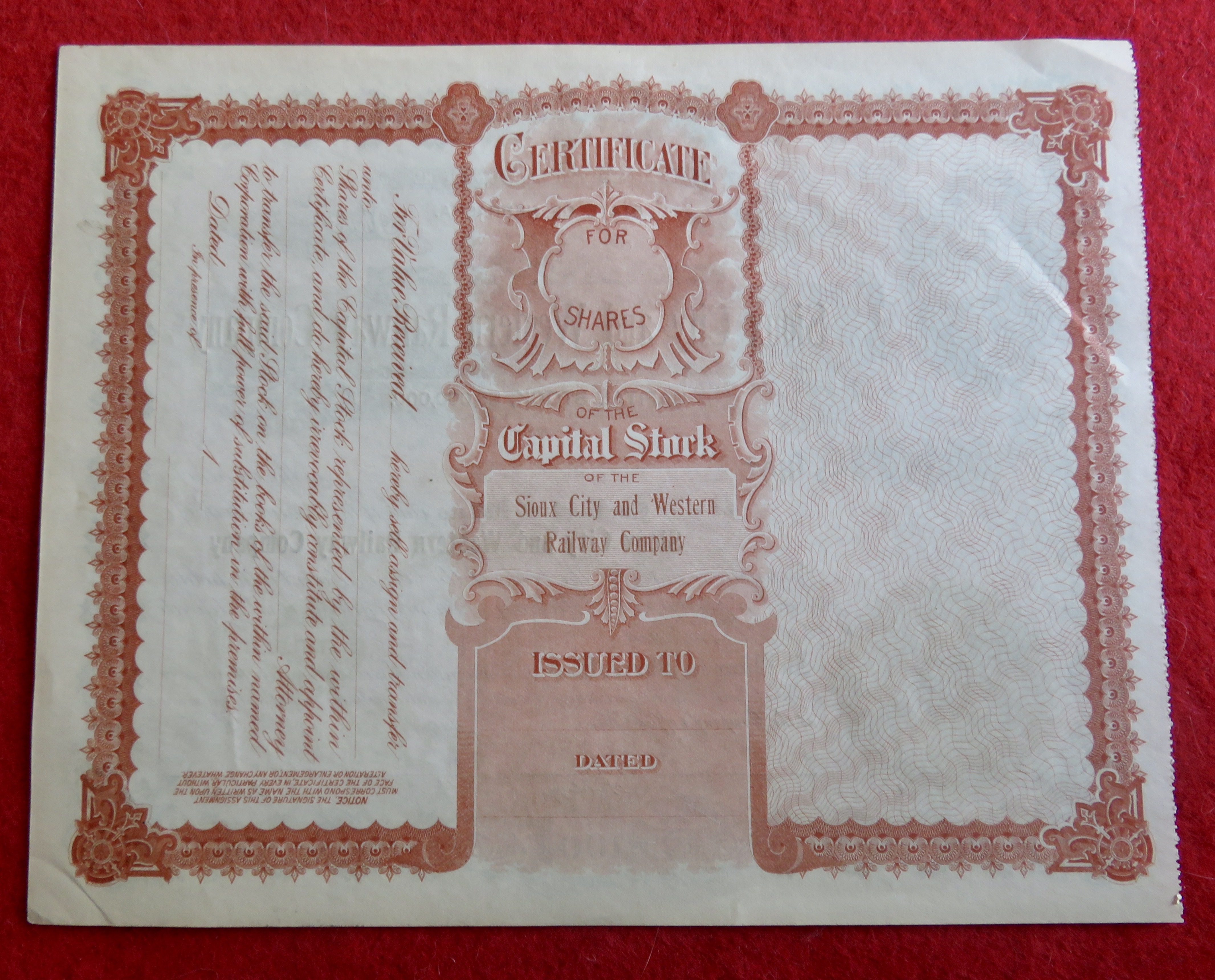 1800's Sioux City & Western Railway Stock Certificate