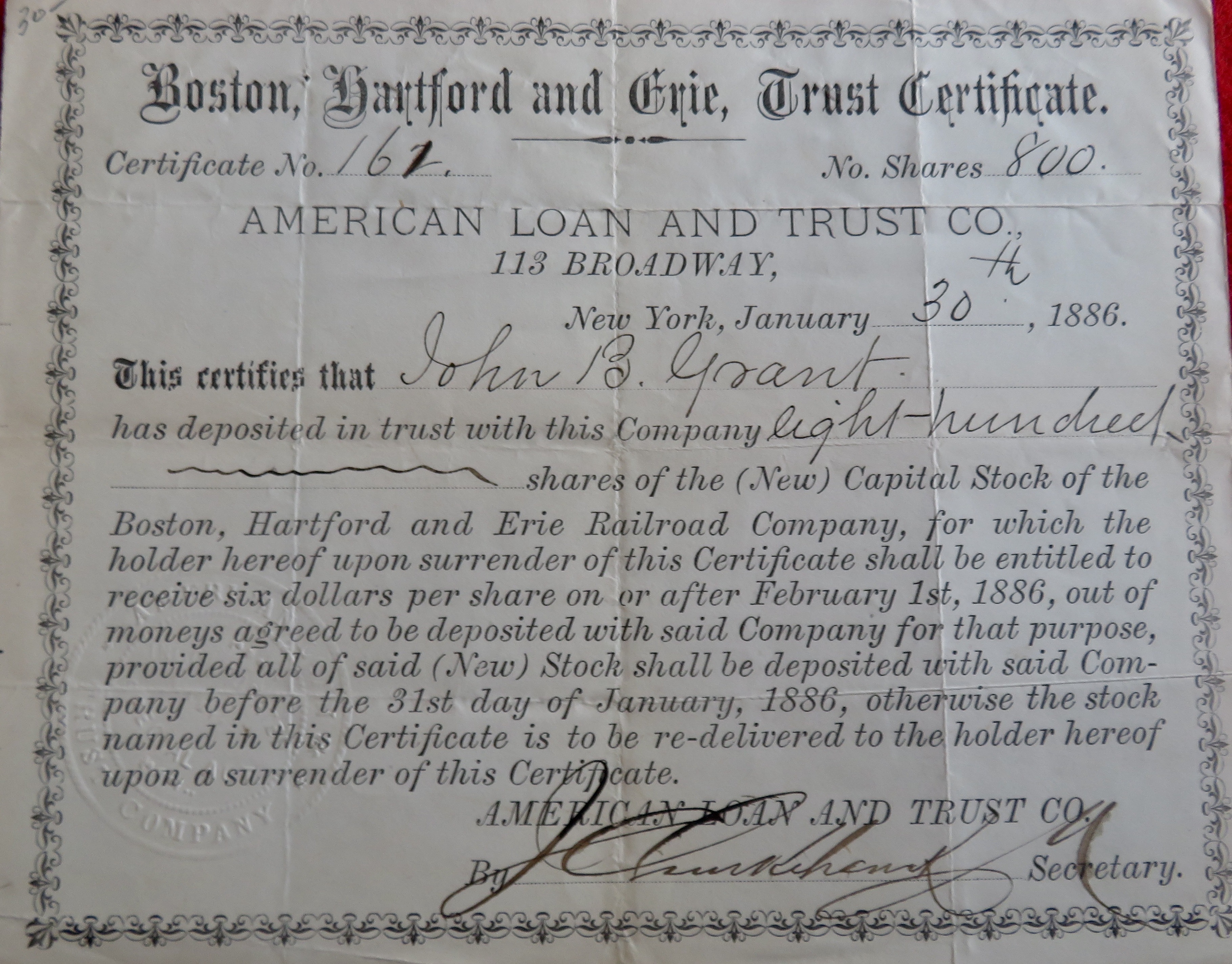 1886 Boston, Hartford & Erie Trust Stock Certificate