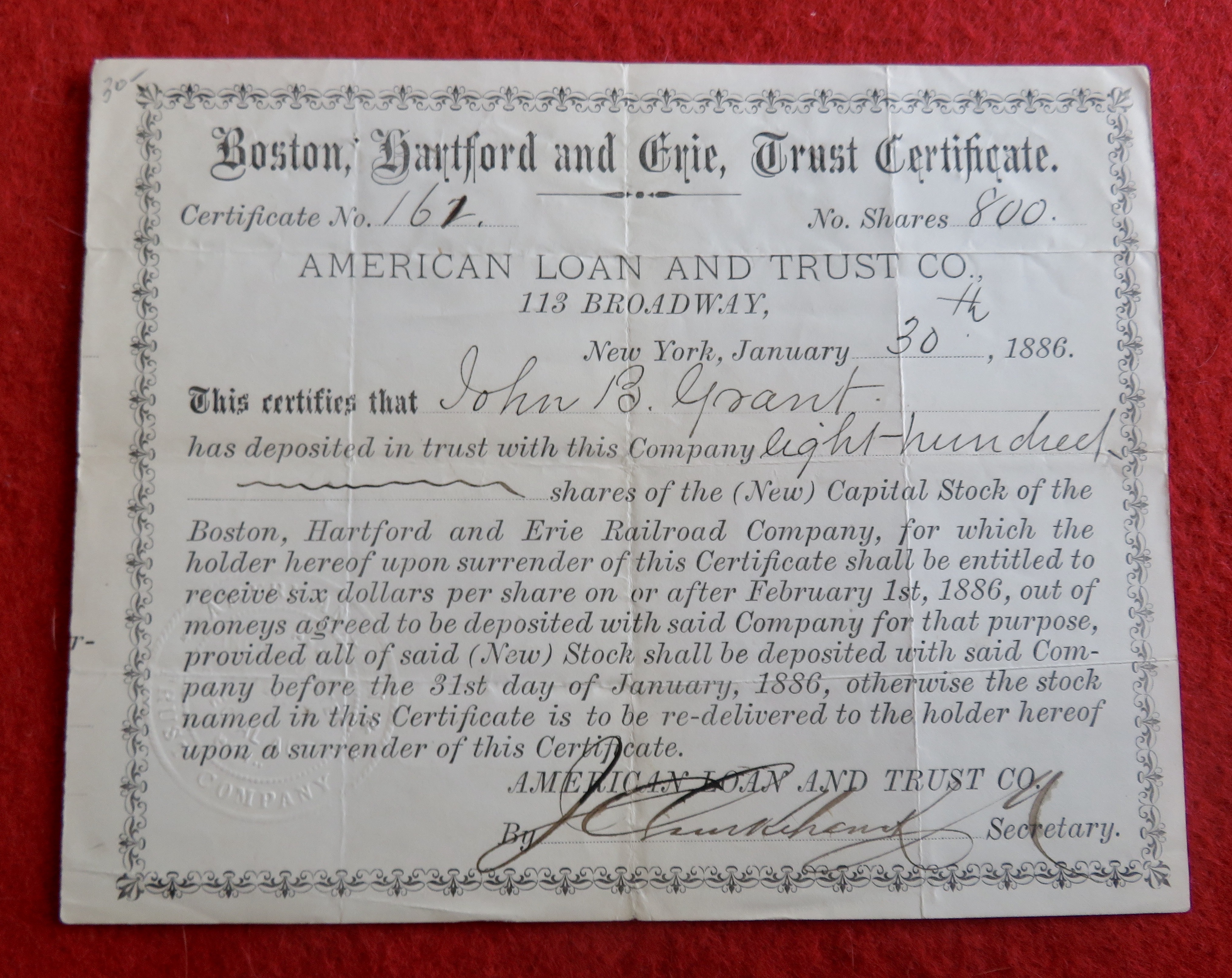 1886 Boston, Hartford & Erie Trust Stock Certificate