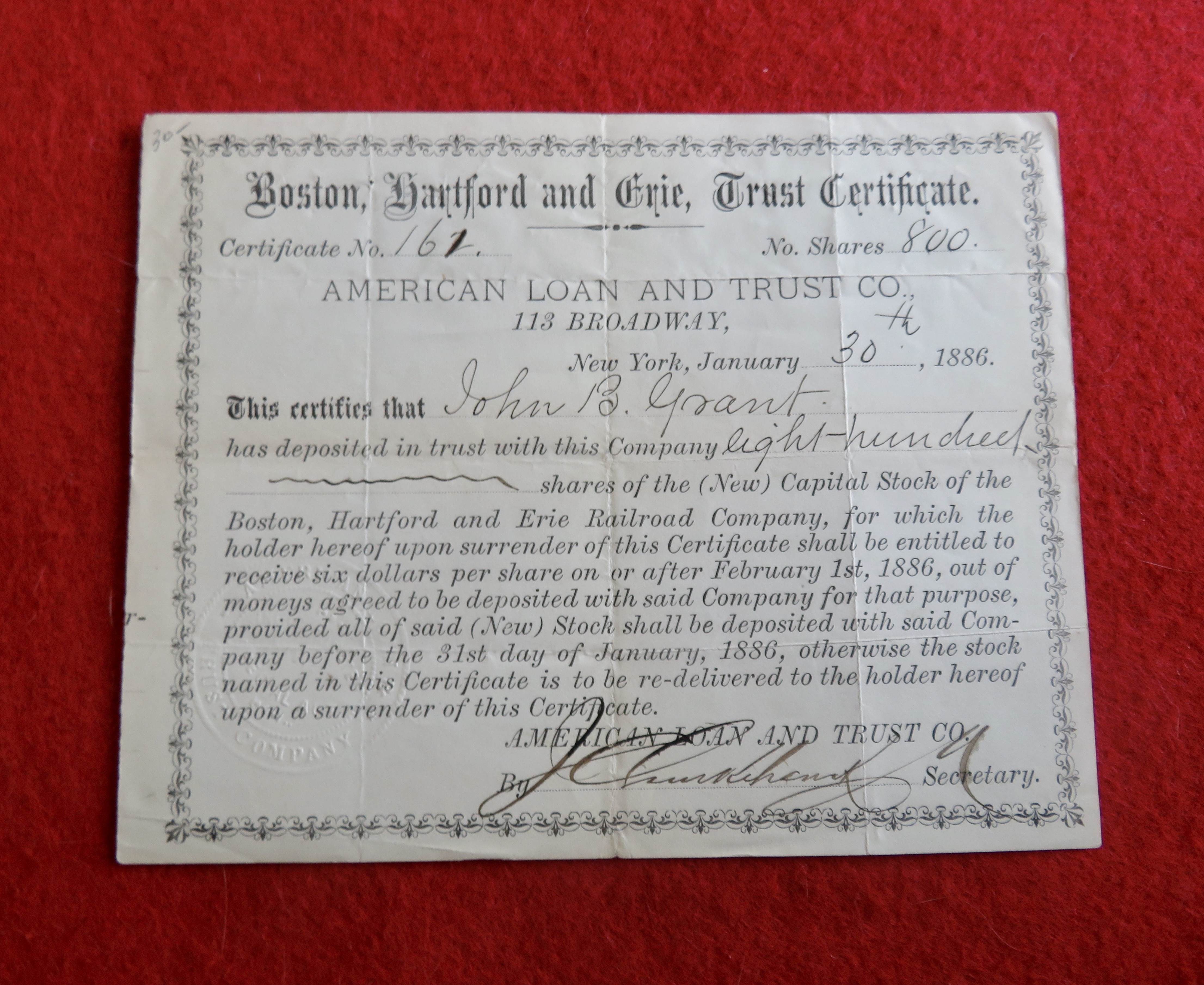 1886 Boston, Hartford & Erie Trust Stock Certificate