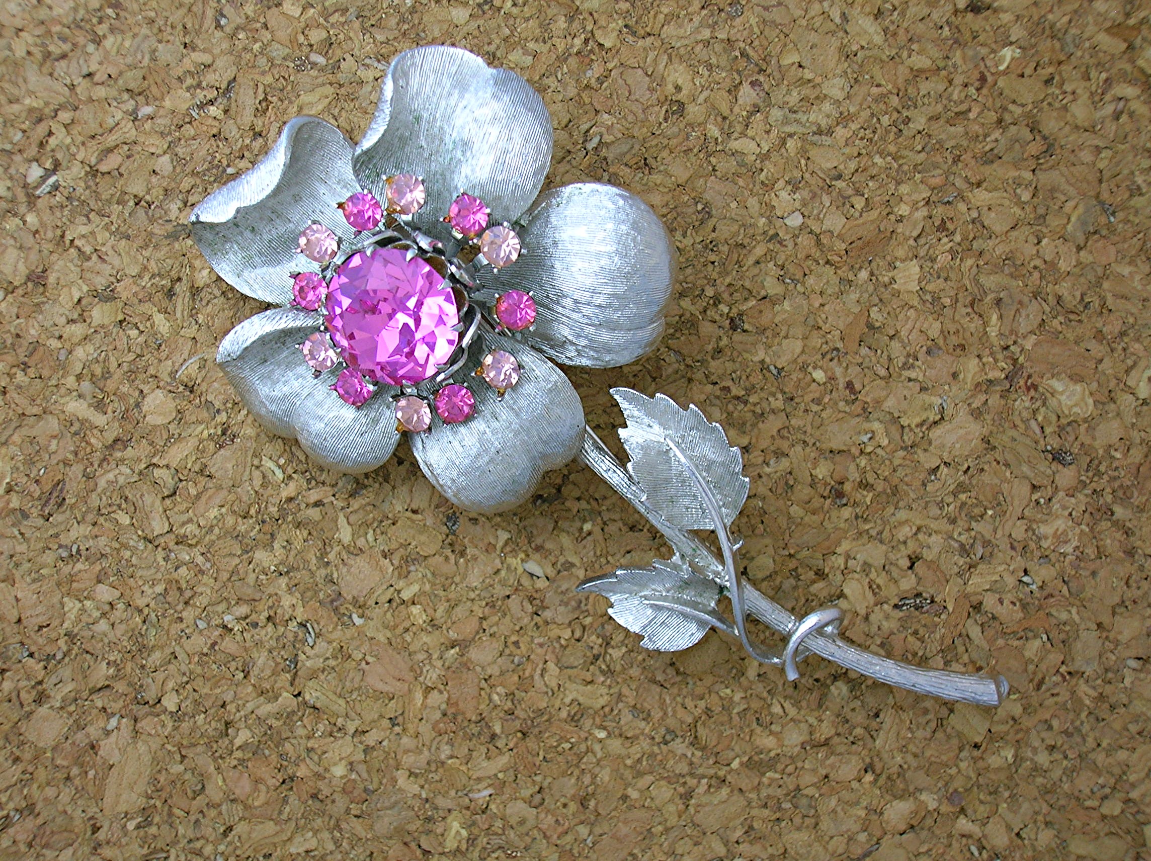 CORO Silver & Pink Crystal  Flower Brooch