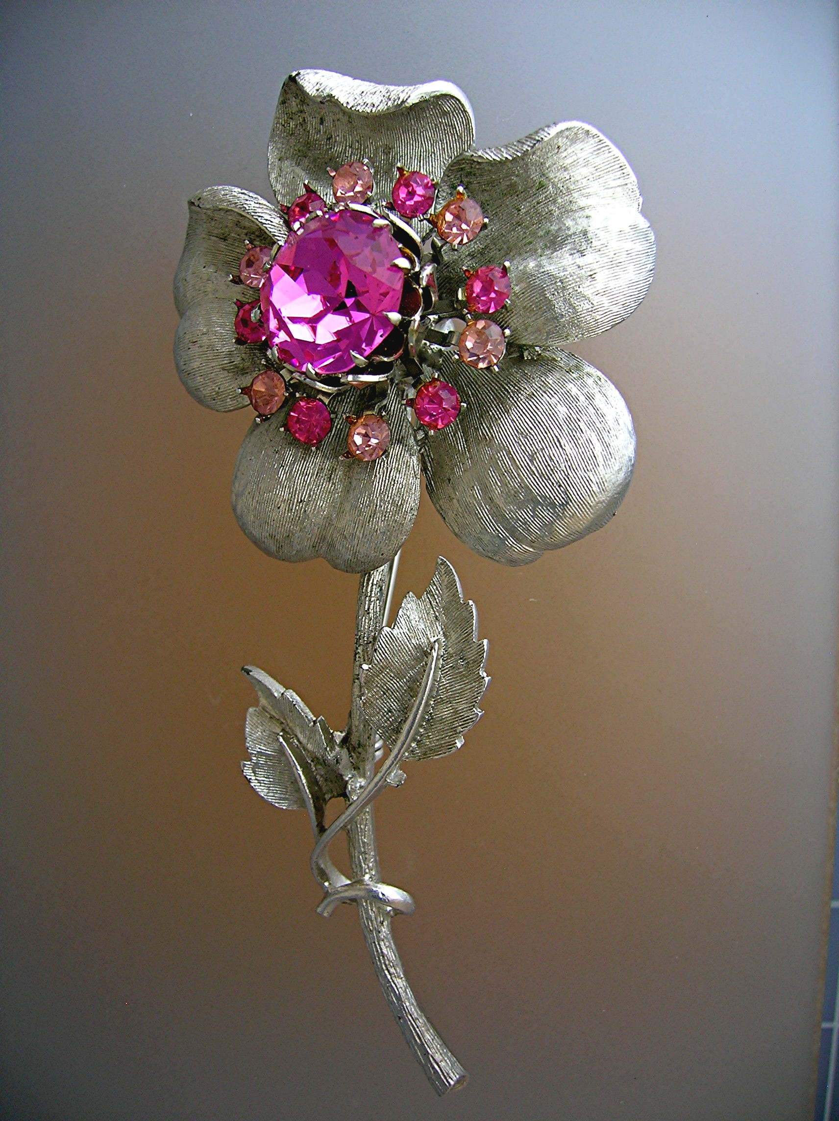 CORO Silver & Pink Crystal  Flower Brooch