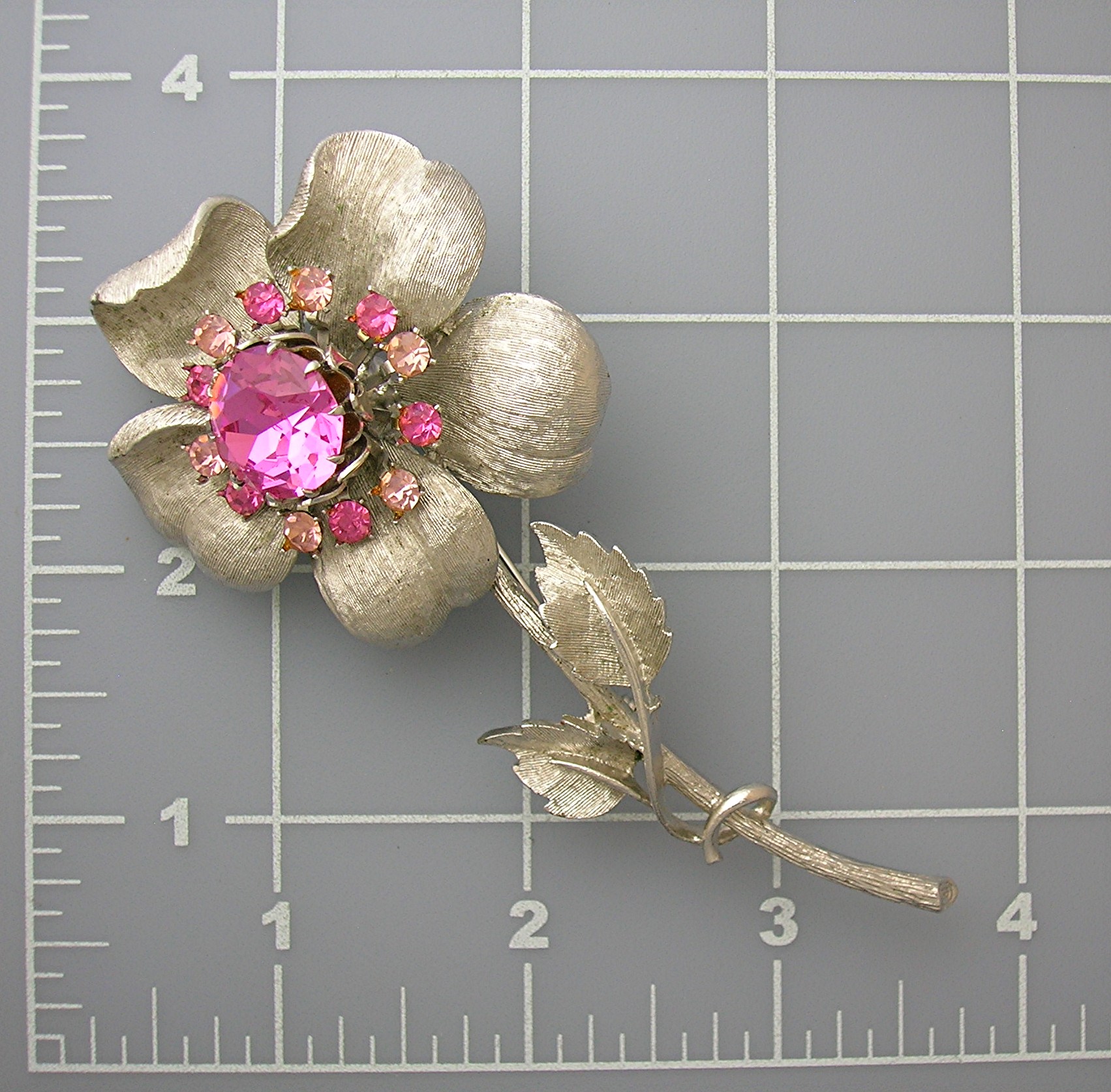 CORO Silver & Pink Crystal  Flower Brooch
