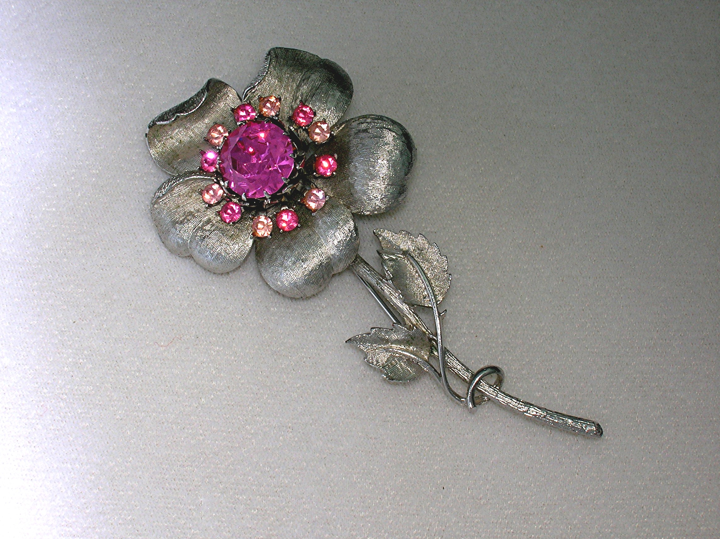 CORO Silver & Pink Crystal  Flower Brooch