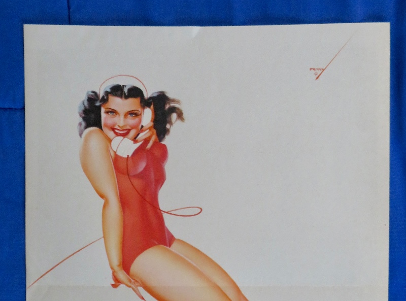 Original 1945 Sexy Pin Up Lovely Dark Haired Girl Wearing A Red Suit While Talking On Telephone By George Petty