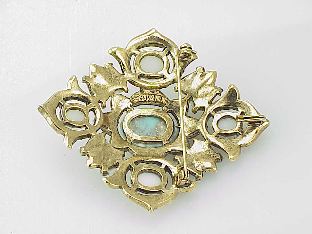 Sarah Coventry Remembrance Turquoise And Pearl Brooch -  Book Piece