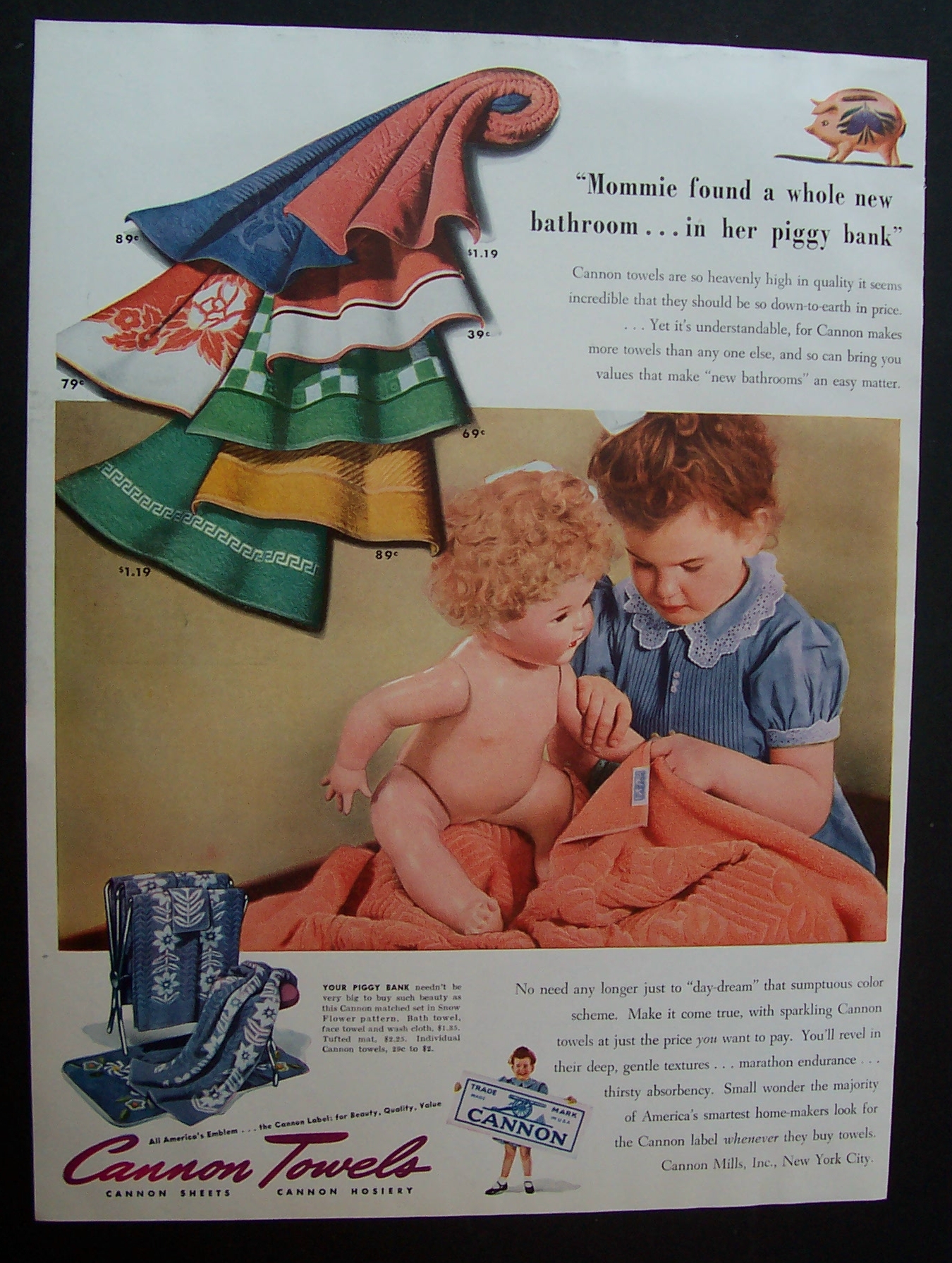 1942 Cannon Towels with Little Girl Wiping Her Doll