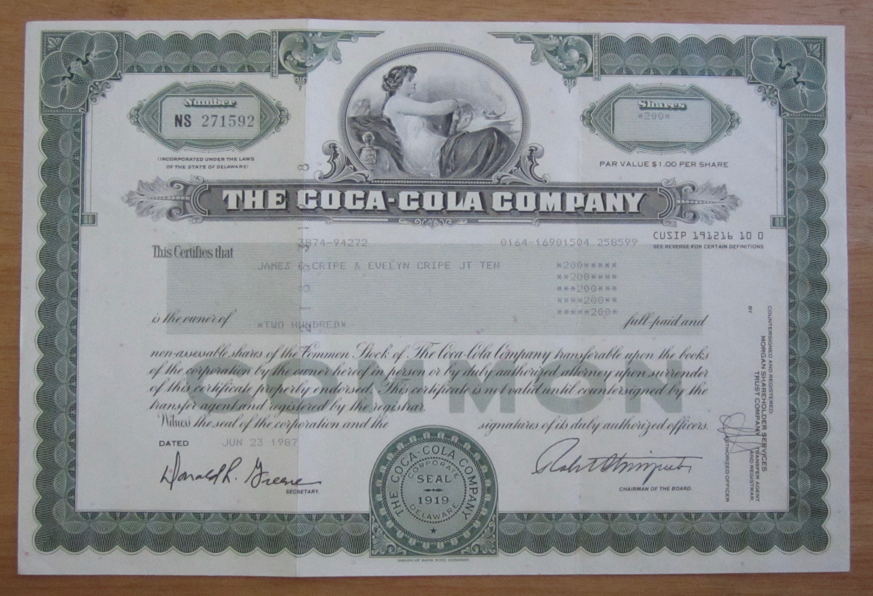 1987 The Coca Cola Company Stock Certificate