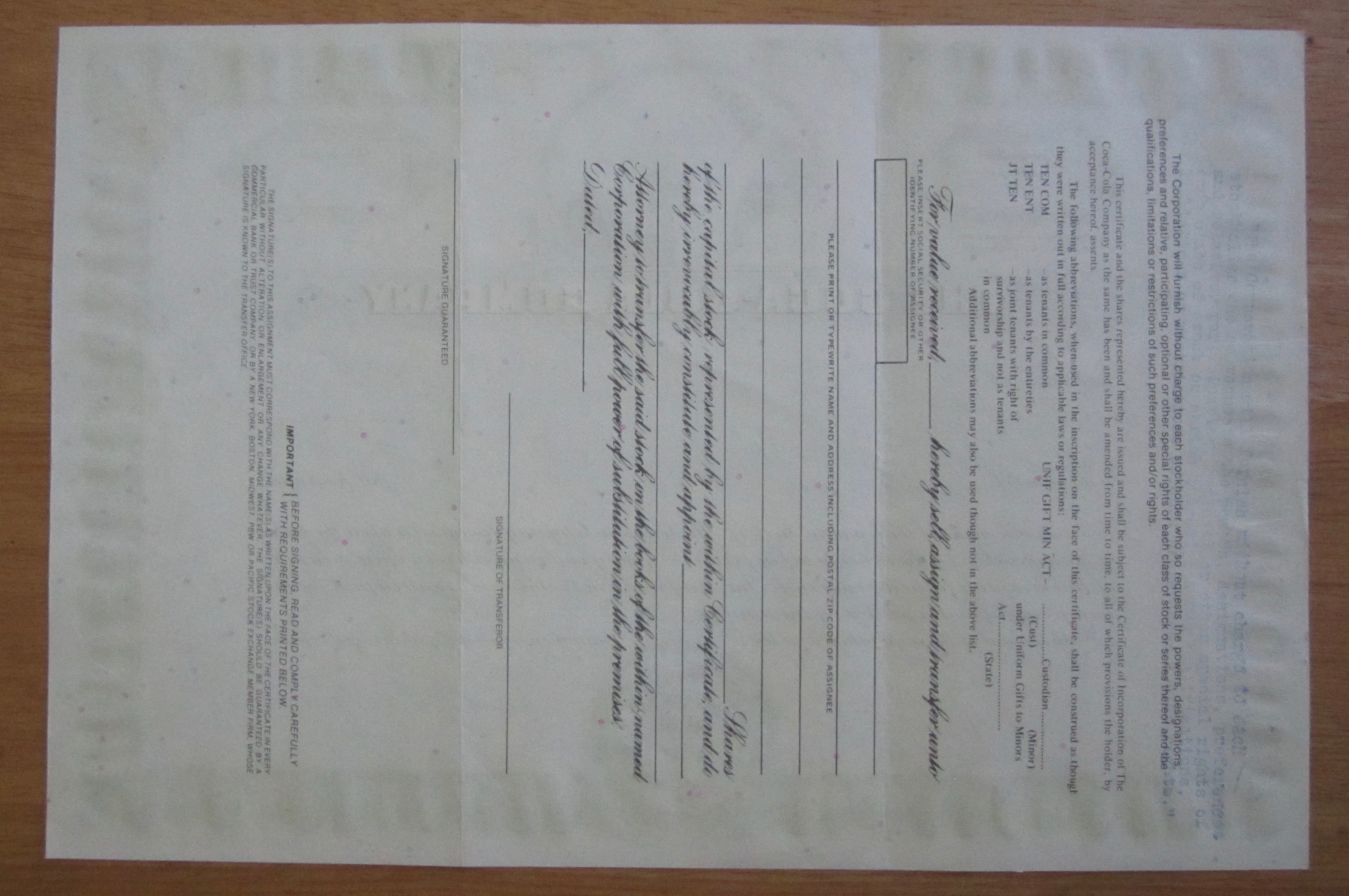 1987 The Coca Cola Company Stock Certificate