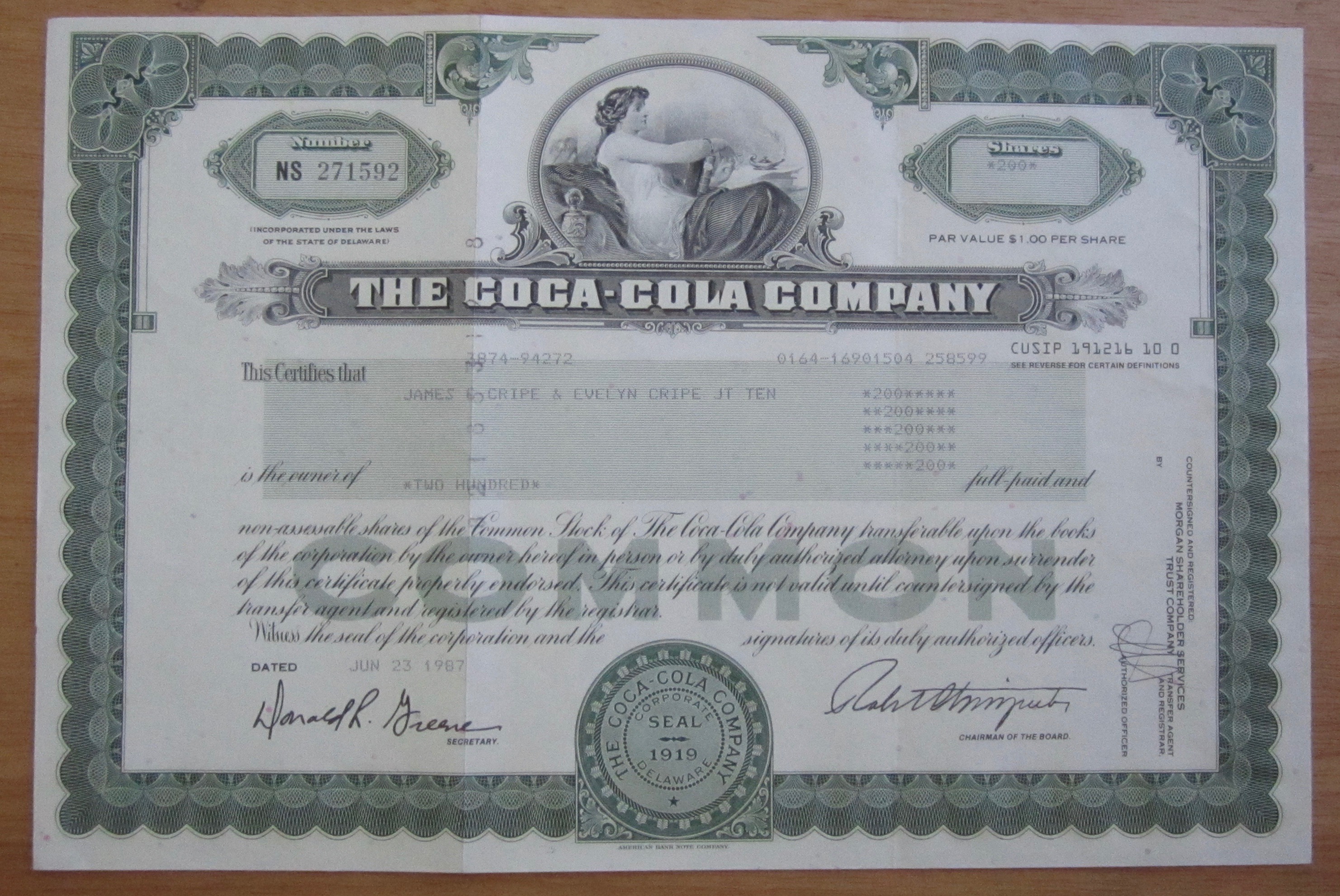 1987 The Coca Cola Company Stock Certificate
